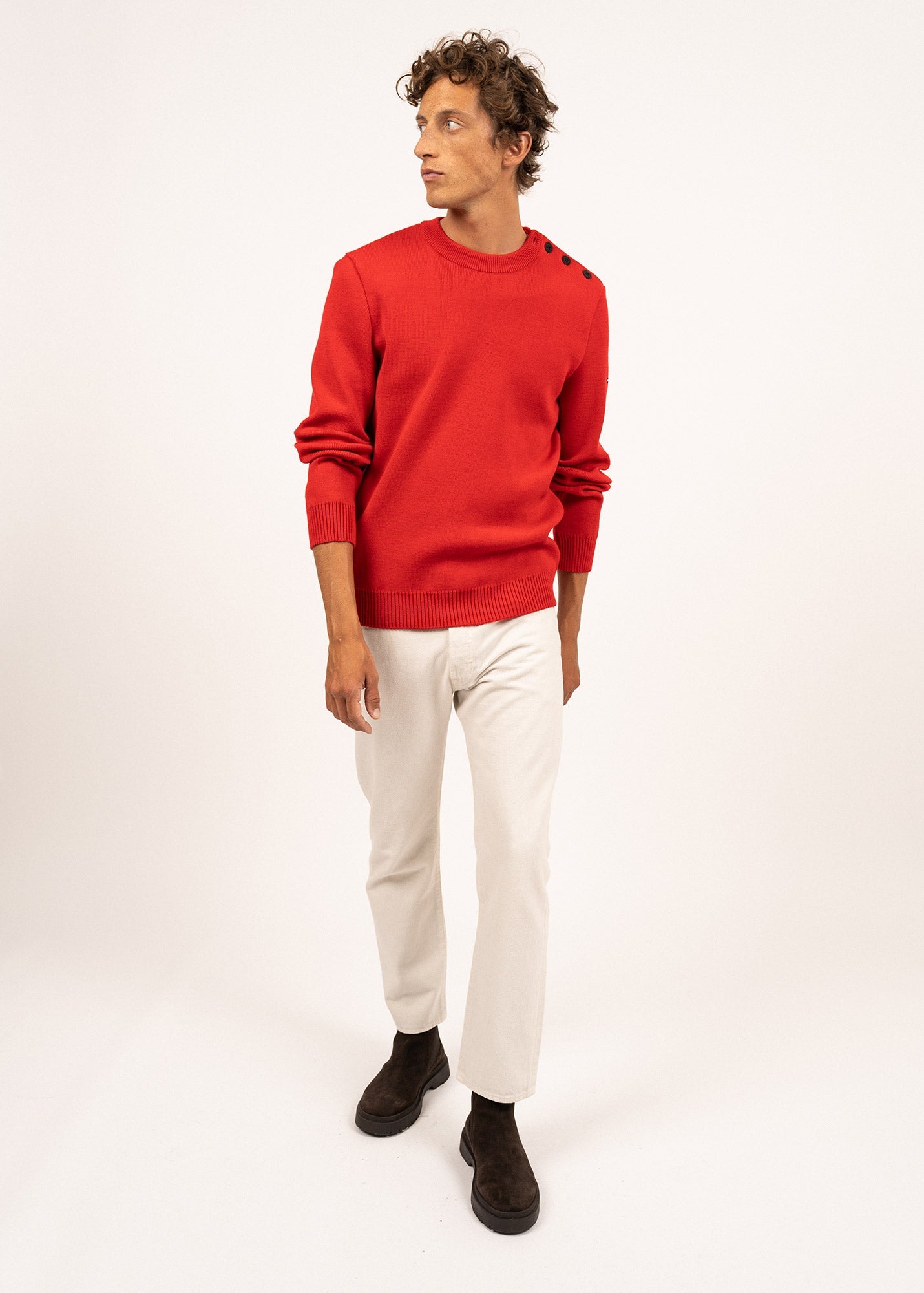Saint James Cancale Wool Fisherman Sweater With Button Shoulder Loose Fit Red
