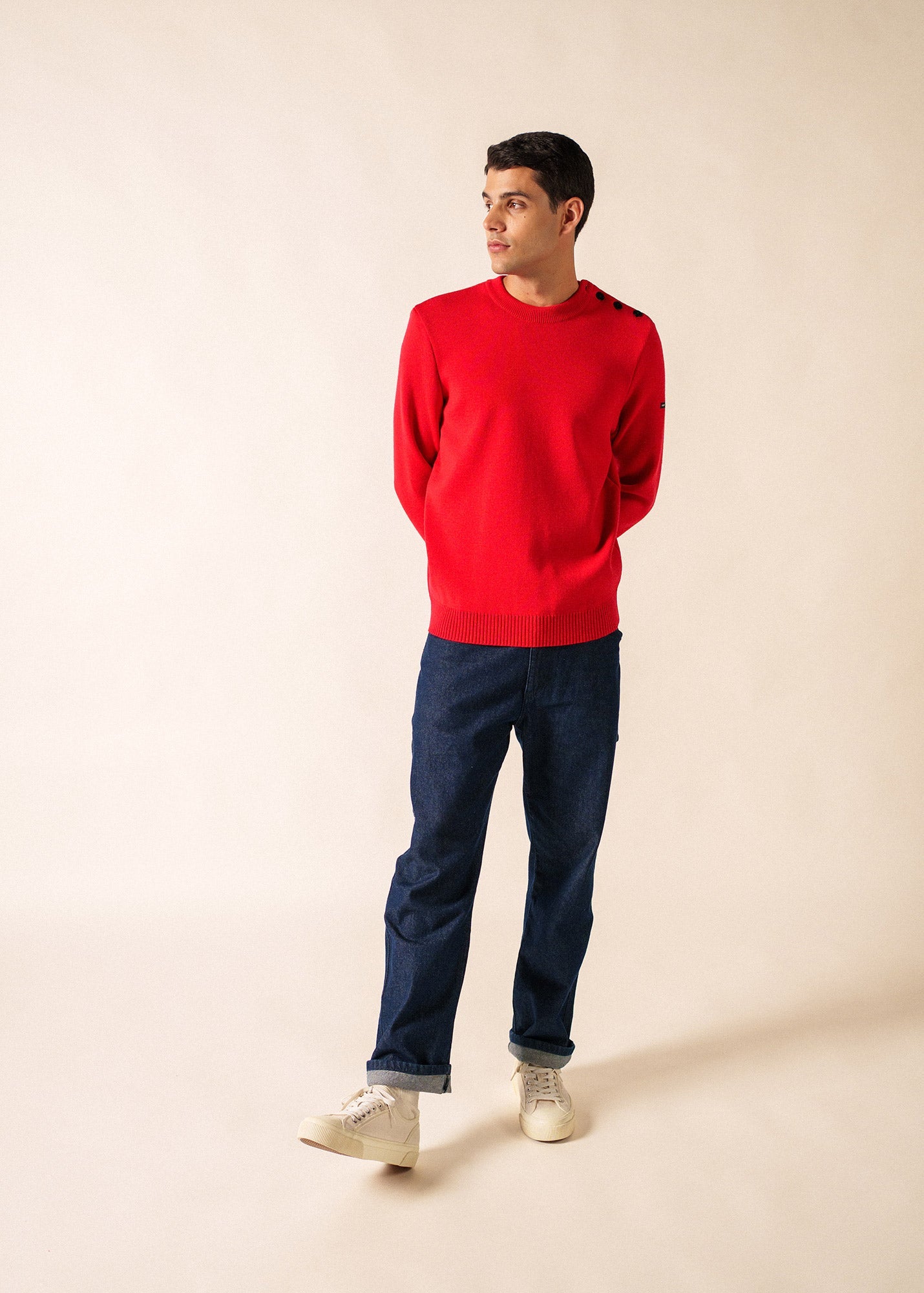 Saint James CANCALE - Wool Fisherman Sweater with Button Shoulder | Loose Fit (RED)