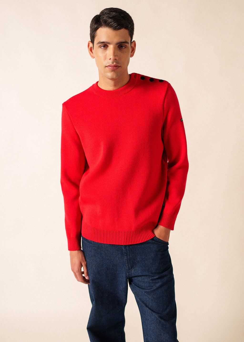 Saint James CANCALE - Wool Fisherman Sweater with Button Shoulder | Loose Fit (RED)