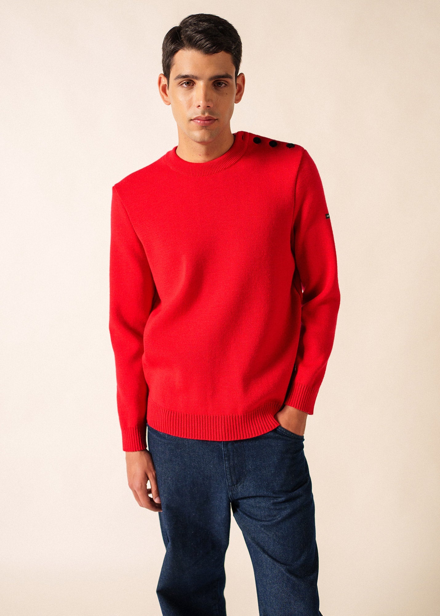 Saint James CANCALE - Wool Fisherman Sweater with Button Shoulder | Loose Fit (RED)