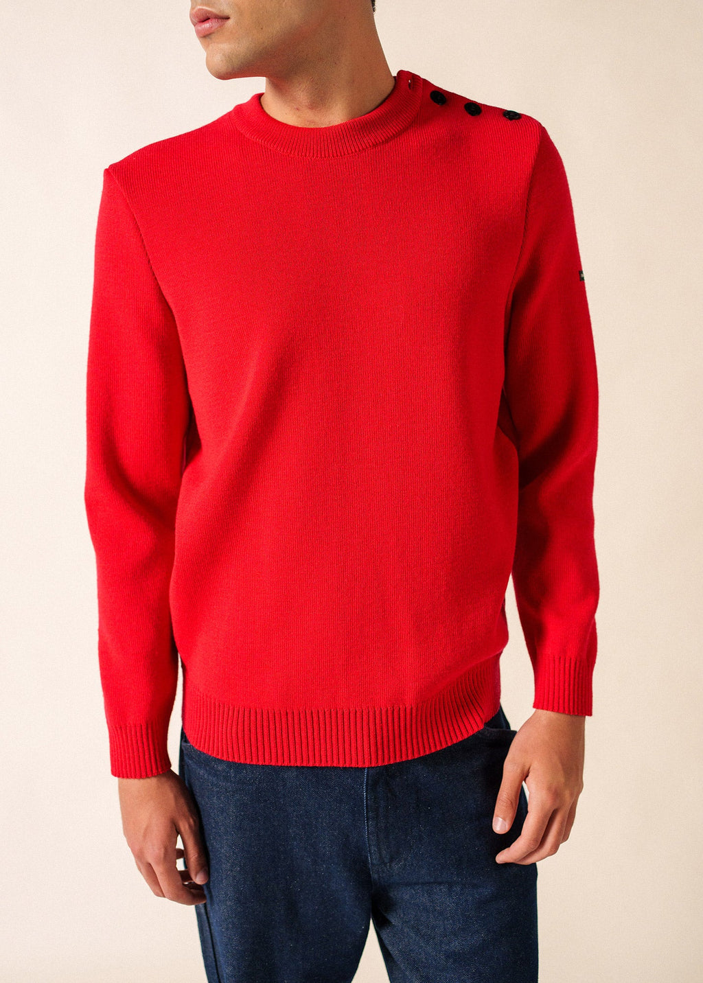 Saint James CANCALE - Wool Fisherman Sweater with Button Shoulder | Loose Fit (RED)