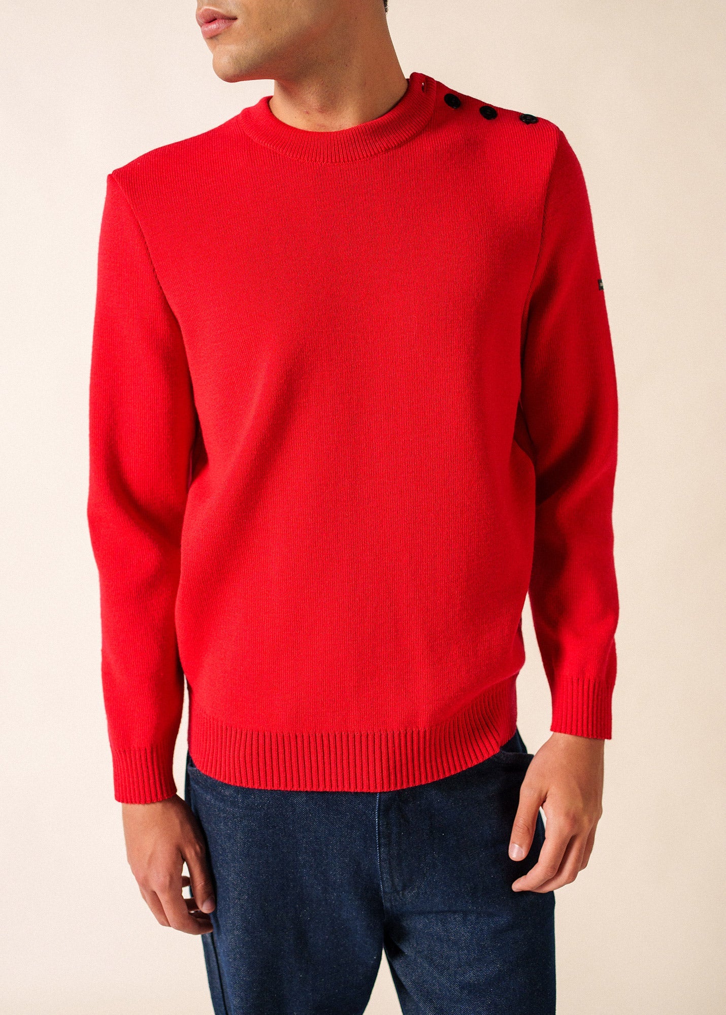 Saint James CANCALE - Wool Fisherman Sweater with Button Shoulder | Loose Fit (RED)
