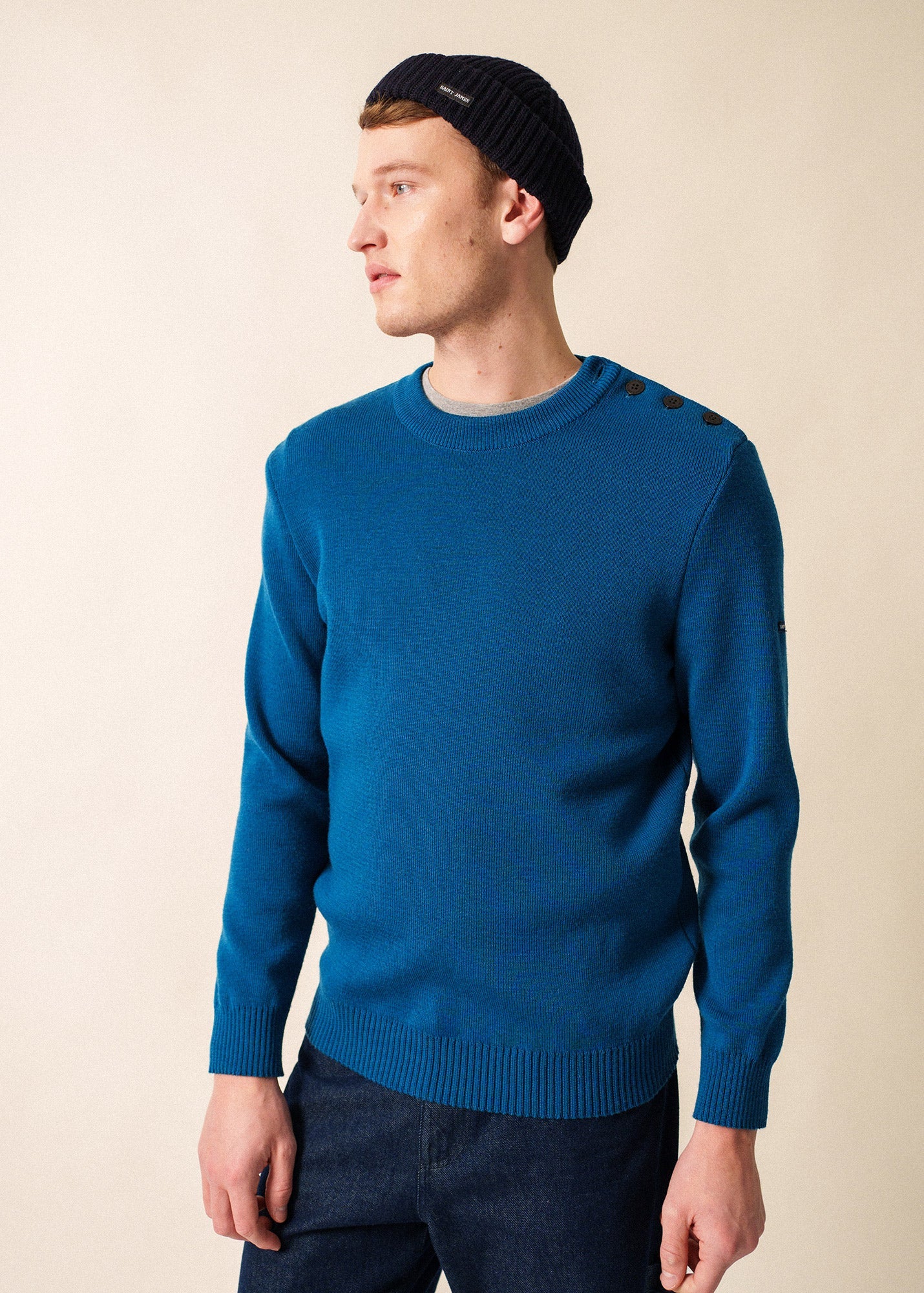 Saint James CANCALE - Wool Fisherman Sweater with Button Shoulder | Loose Fit (DEEP TEAL)
