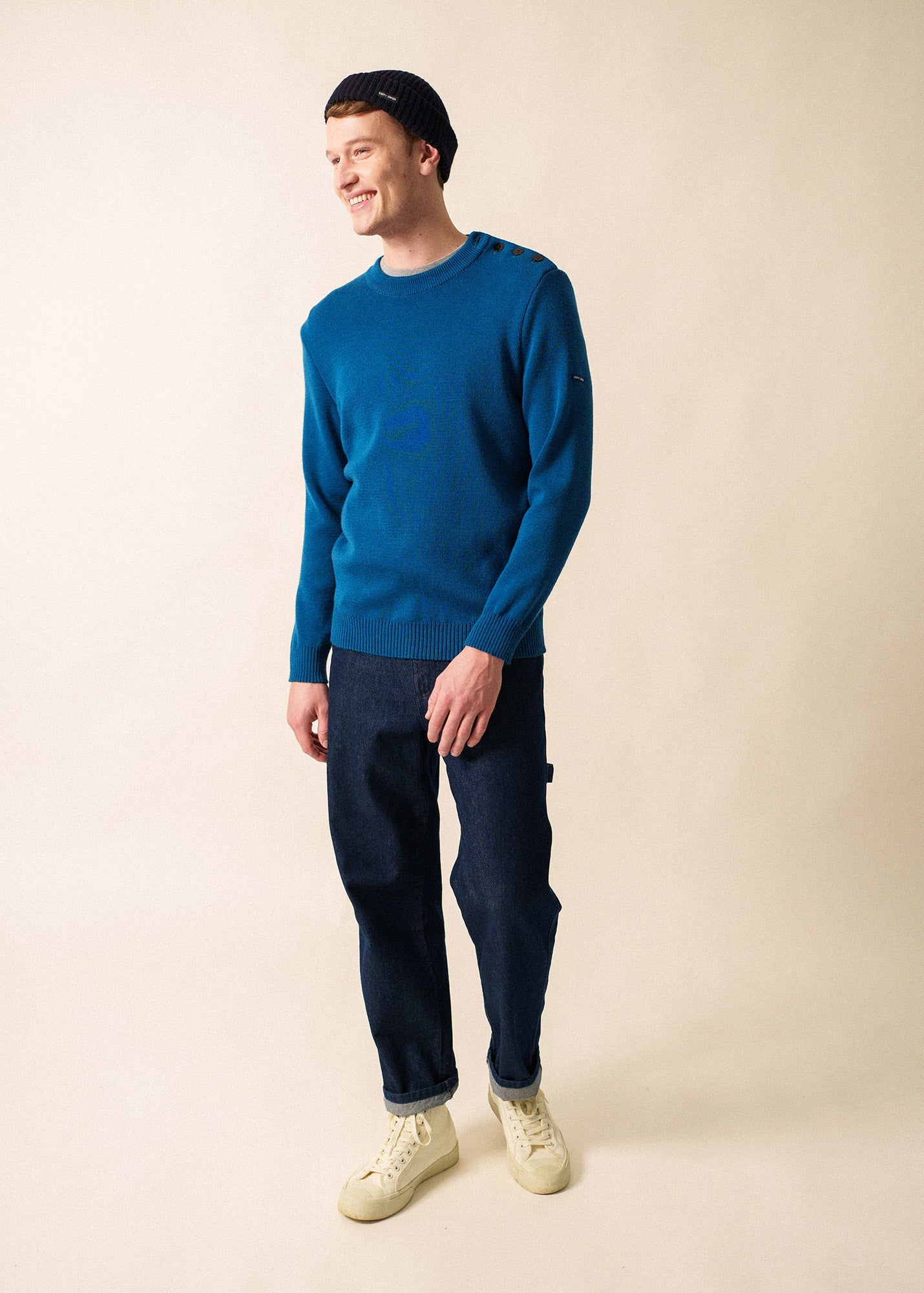 Saint James CANCALE - Wool Fisherman Sweater with Button Shoulder | Loose Fit (DEEP TEAL)