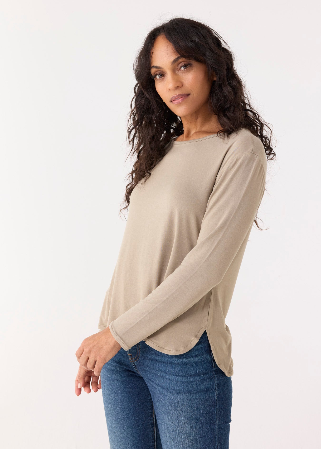 Cabana Life Hi/Lo Bamboo Long Sleeve Top, Sand