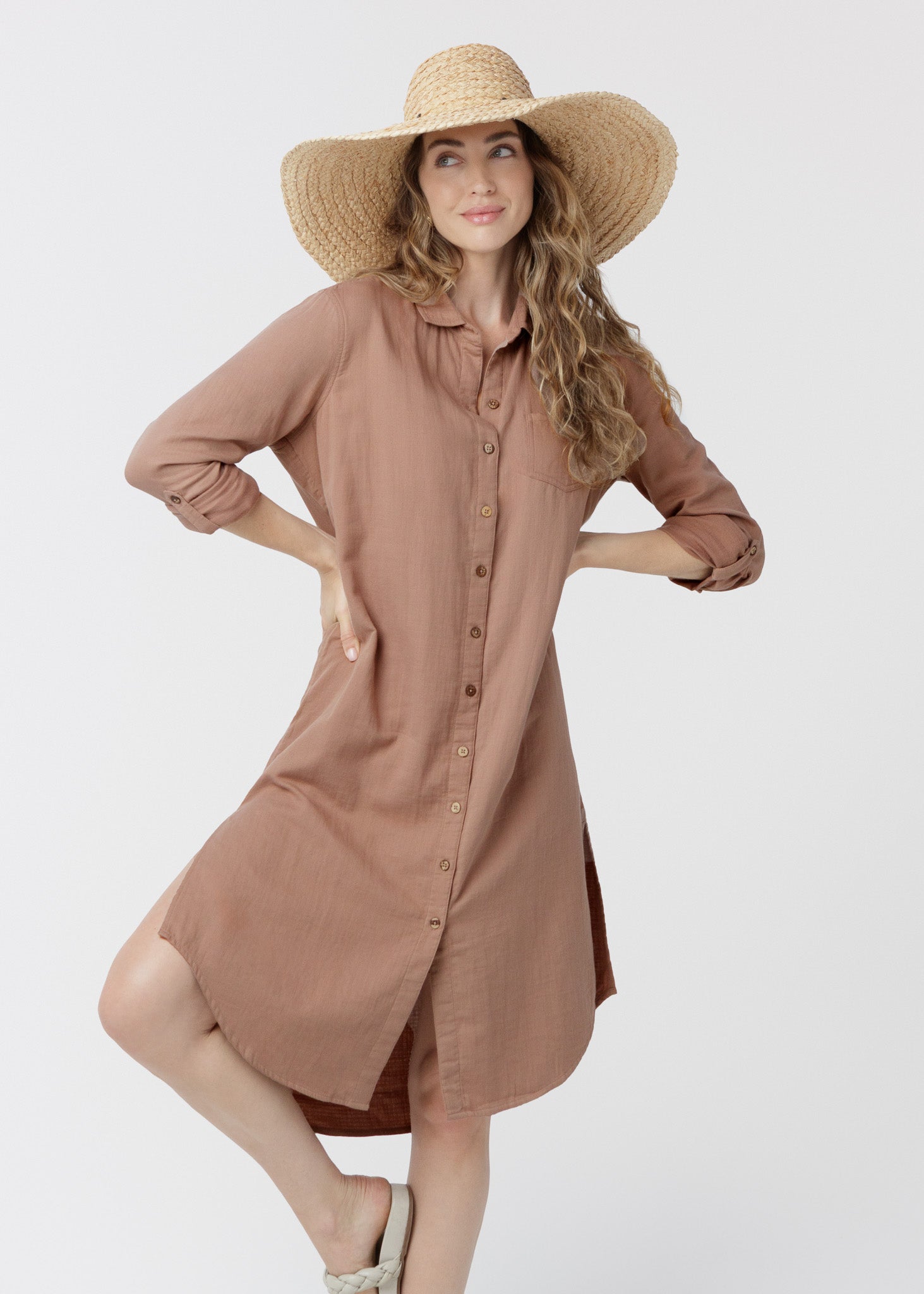 Cabana Life Gauze Button Down Shirt Dress, Sand