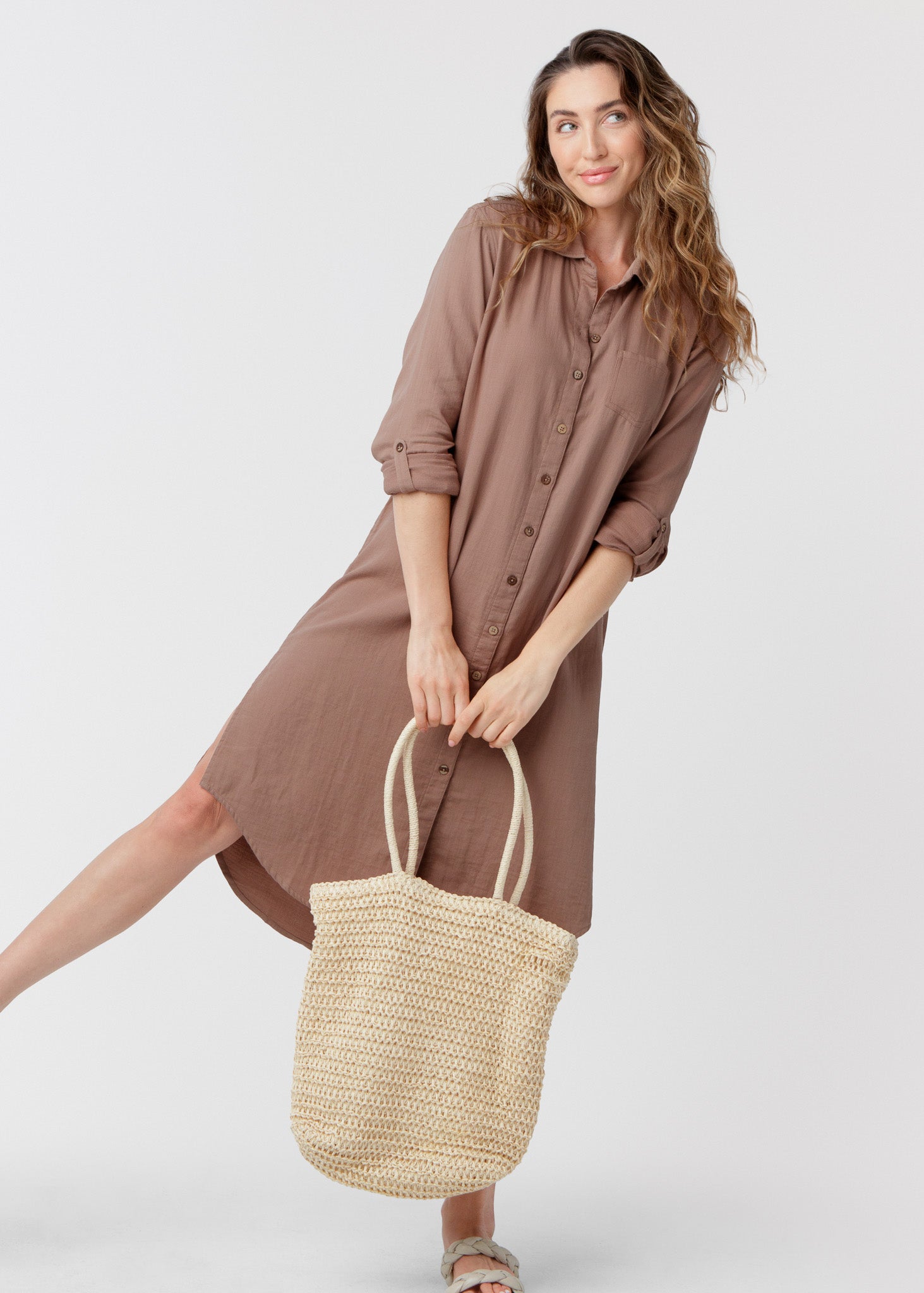 Cabana Life Gauze Button Down Shirt Dress, Sand