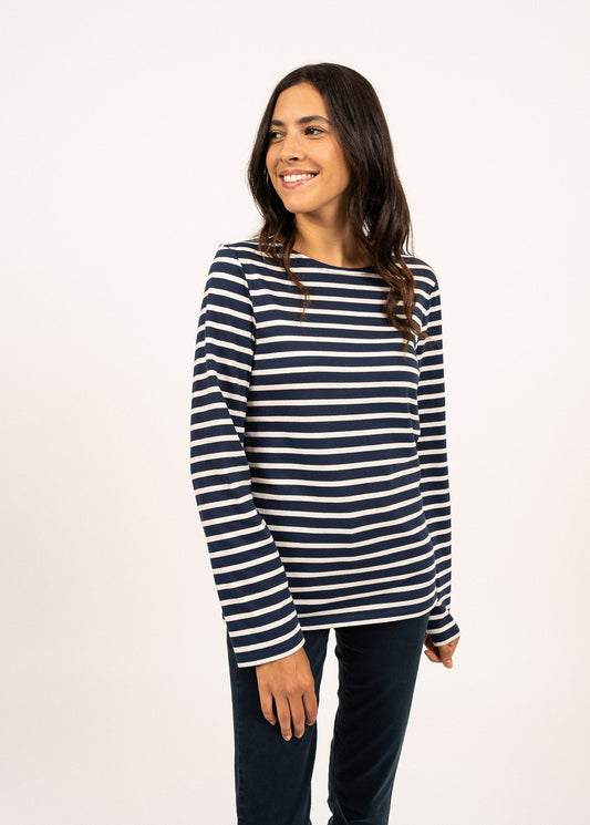 Saint James Minquiers Modern Authentic Breton Stripe Shirt Soft Cotton Men Fit Navy Ecru