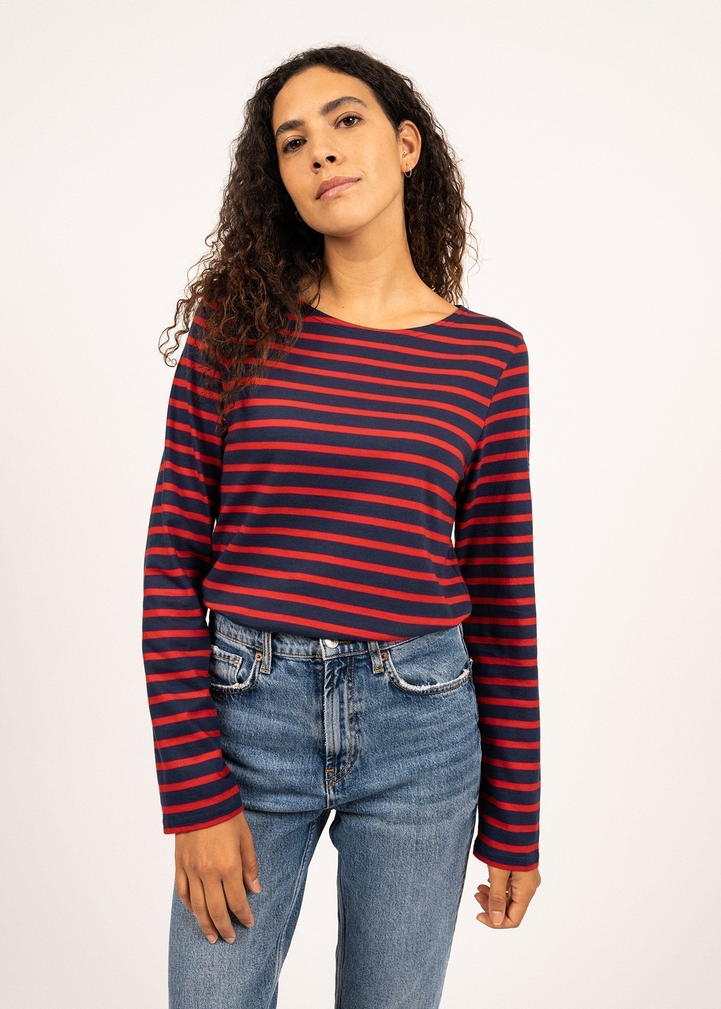 Saint James Minquiers Modern Authentic Breton Stripe Shirt Soft Cotton Men Fit Navy Red