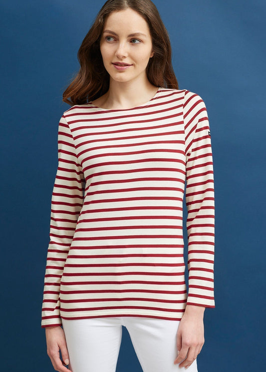 Saint James Minquiers Modern Authentic Breton Stripe Shirt Soft Cotton Men Fit Ecru Maroon
