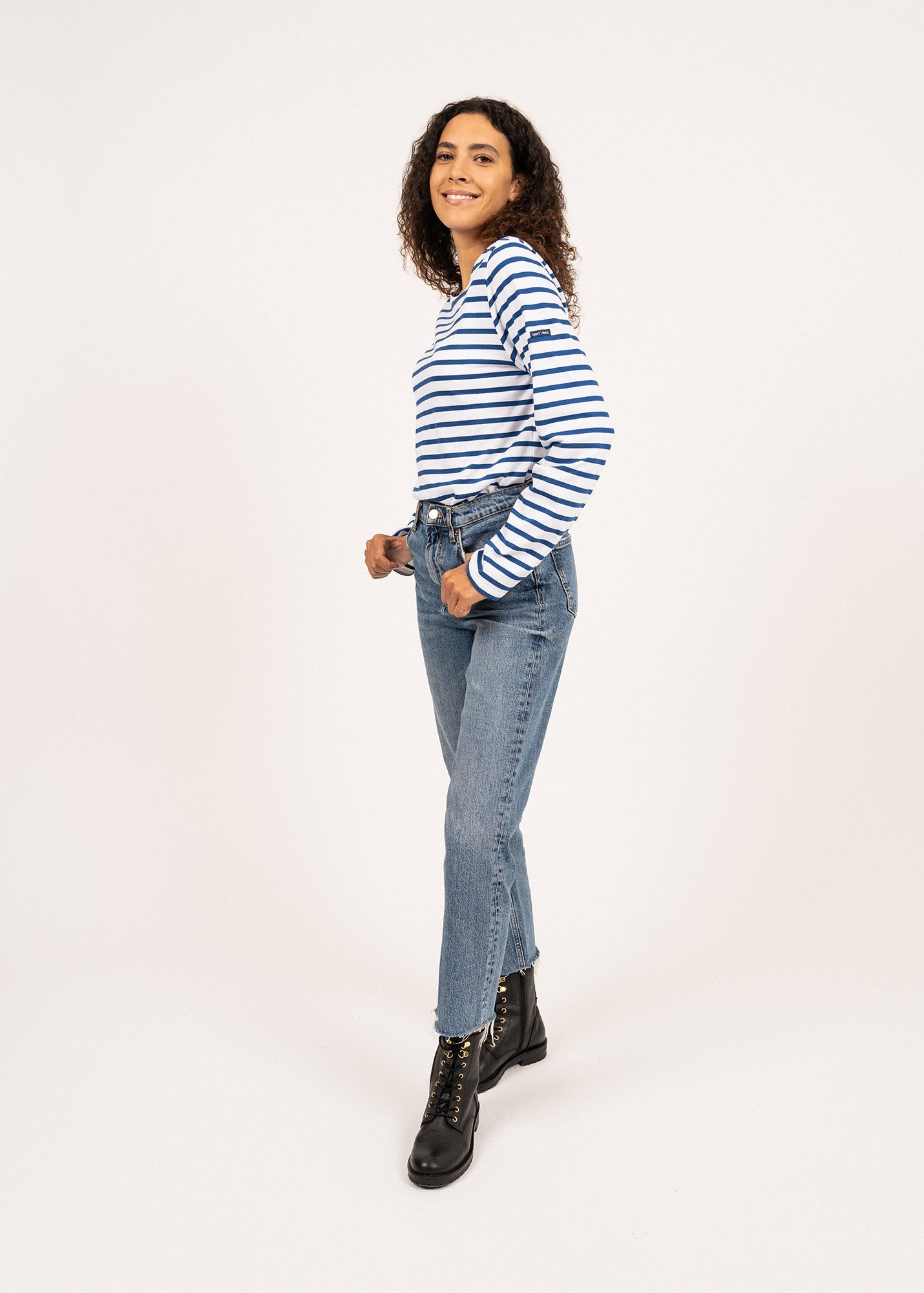 Saint James MINQUIERS MODERN - Authentic Breton Stripe Shirt | Soft Cotton | Men Fit (WHITE / ROYAL BLUE)