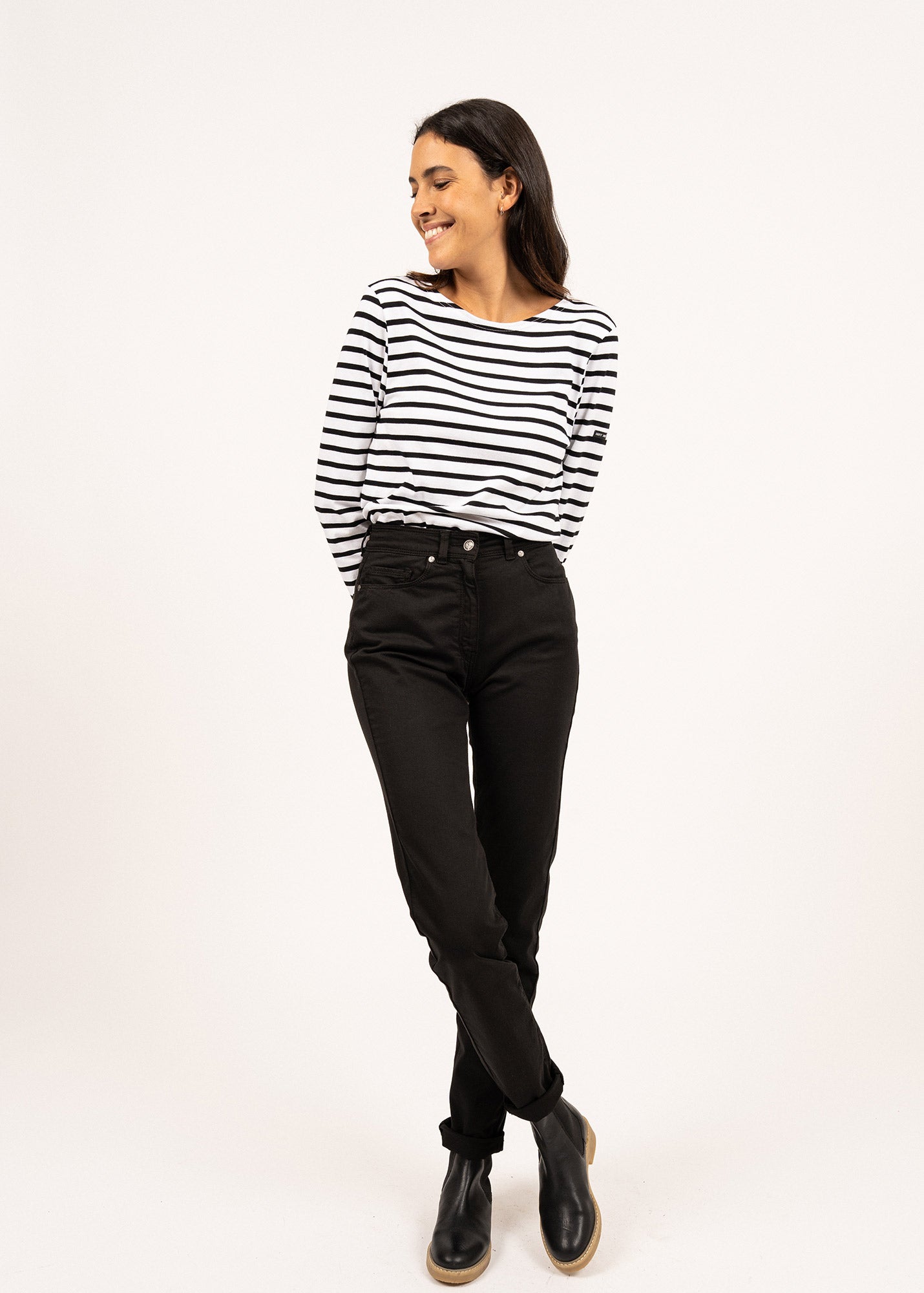 Saint James MINQUIERS MODERN - Authentic Breton Stripe Shirt | Soft Cotton | Men Fit (WHITE / BLACK)