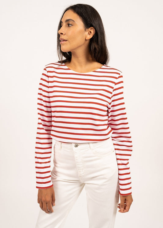Saint James Minquiers Modern Authentic Breton Stripe Shirt Soft Cotton Men Fit White Red