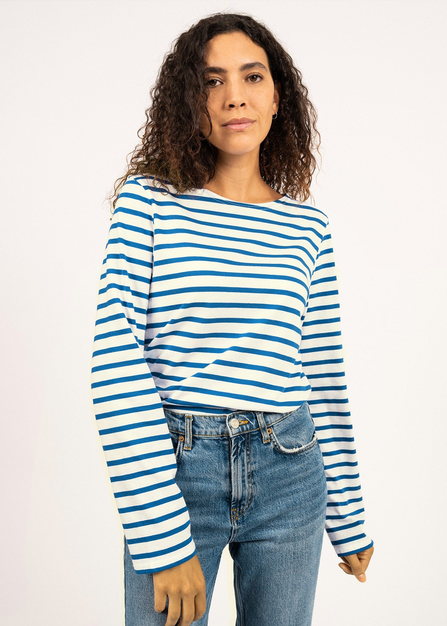 Saint James MINQUIERS MODERN - Authentic Breton Stripe Shirt | Soft Cotton | Men Fit (IVORY / DEEP TEAL)