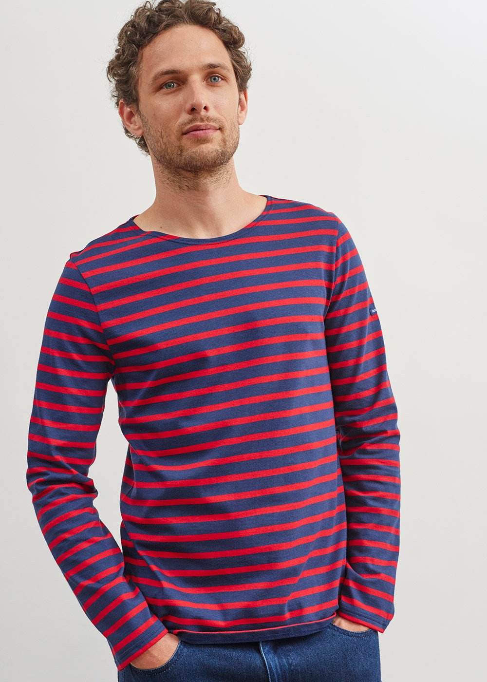 Saint James Minquiers Modern Authentic Breton Stripe Shirt Soft Cotton Men Fit Navy Red