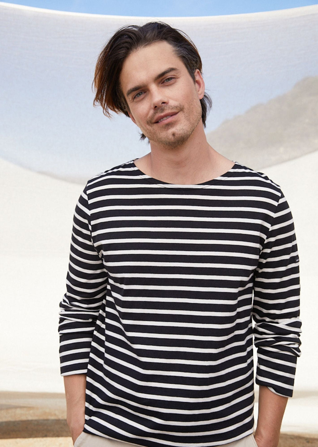 Saint James MINQUIERS MODERN - Authentic Breton Stripe Shirt | Soft Cotton | Men Fit (BLACK / ECRU)