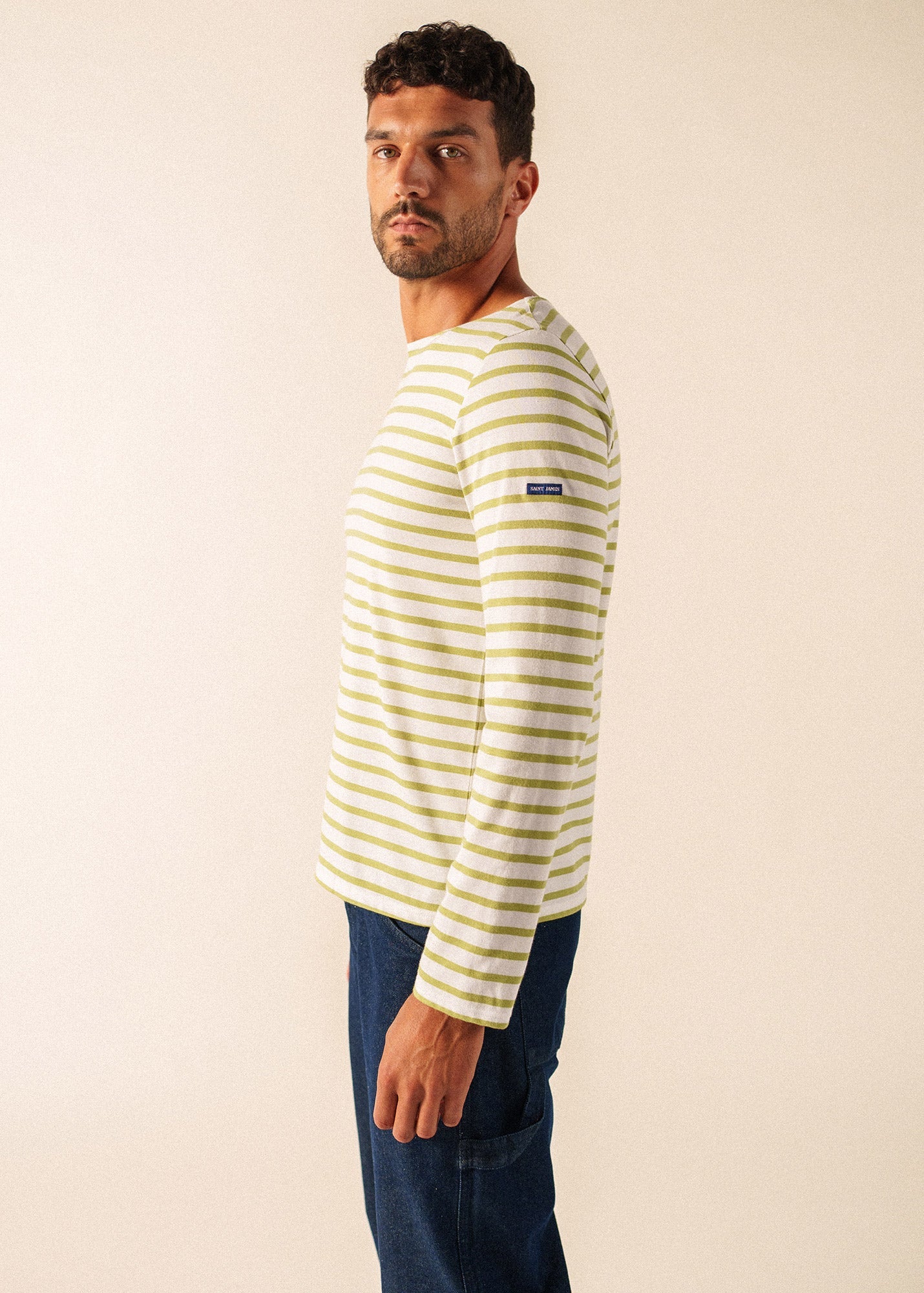 Minquiers Modern Breton Shirt (WHITE / SAGE OLIVE)
