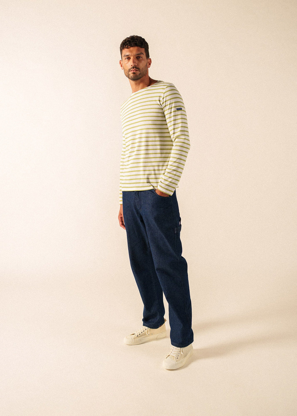 Saint James Minquiers Modern Breton Shirt (WHITE / SAGE OLIVE)
