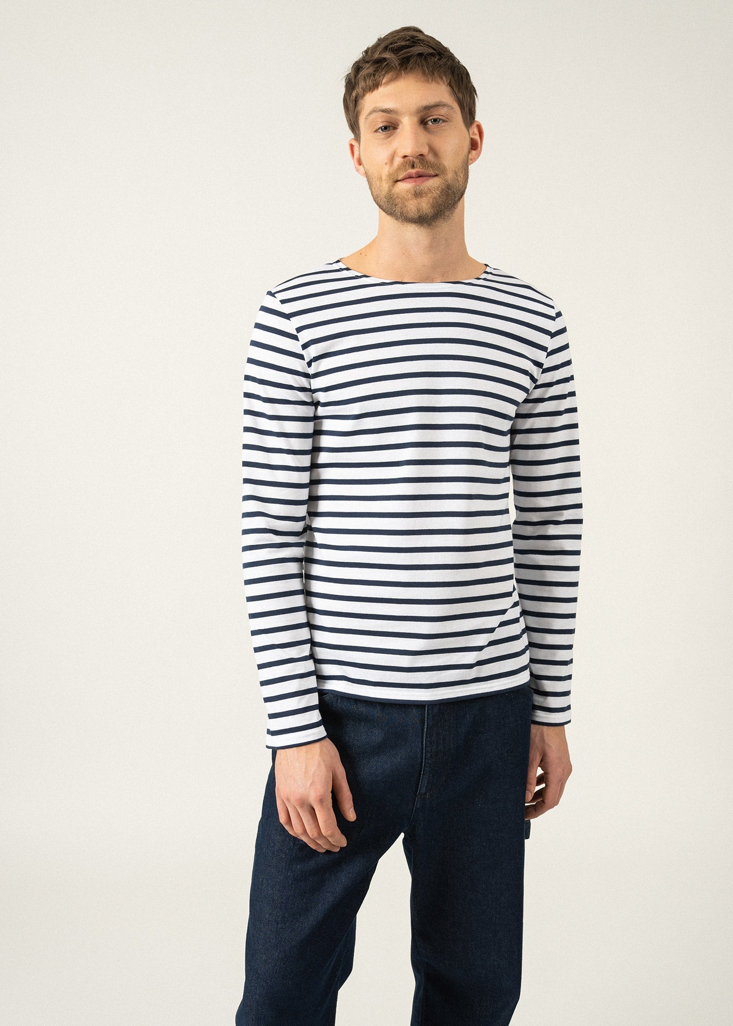 Saint James MINQUIERS MODERN - Authentic Breton Stripe Shirt | Soft Cotton | Men Fit (WHITE / NAVY)