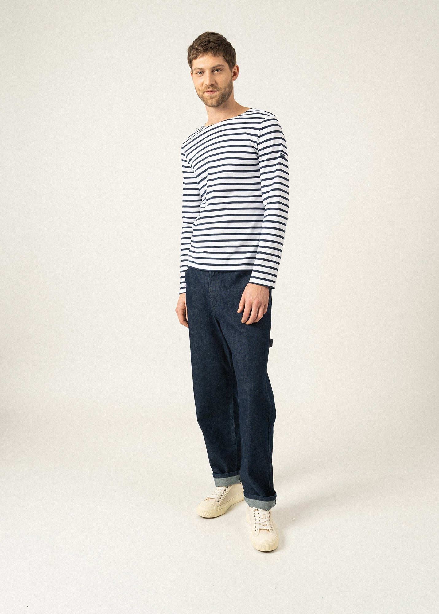 Saint James MINQUIERS MODERN - Authentic Breton Stripe Shirt | Soft Cotton | Men Fit (WHITE / NAVY)