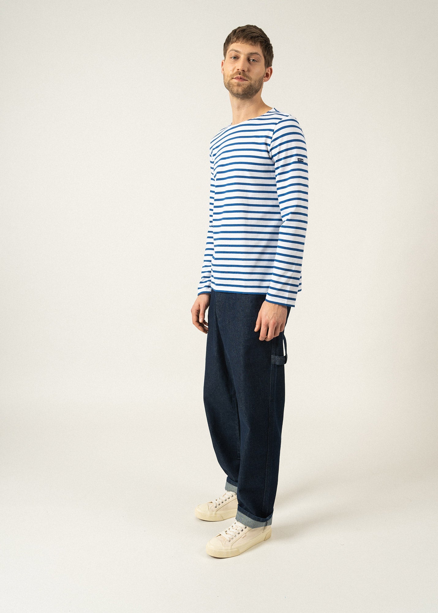 Saint James MINQUIERS MODERN - Authentic Breton Stripe Shirt | Soft Cotton | Men Fit (WHITE / ROYAL BLUE)