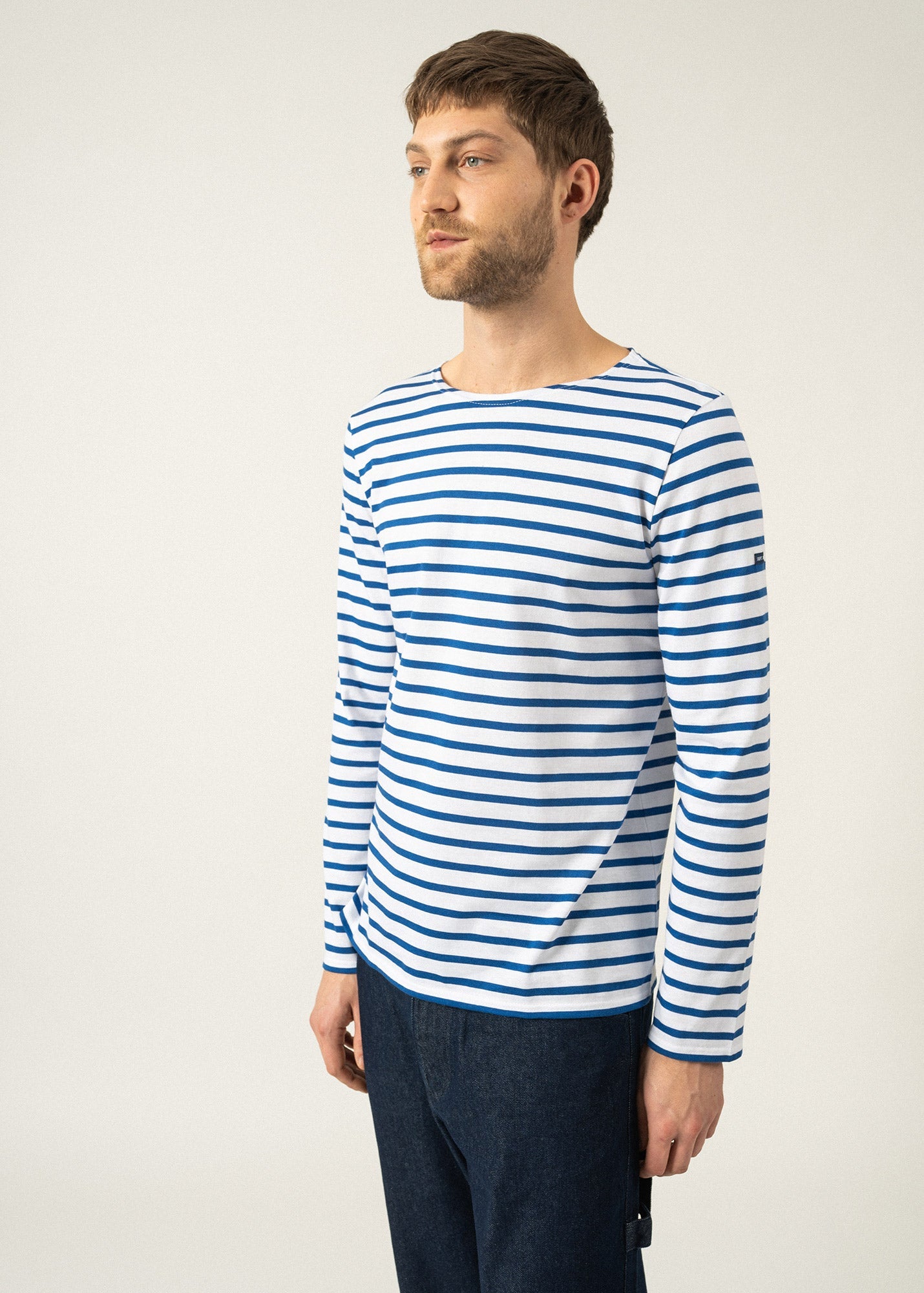 Saint James MINQUIERS MODERN - Authentic Breton Stripe Shirt | Soft Cotton | Men Fit (WHITE / ROYAL BLUE)