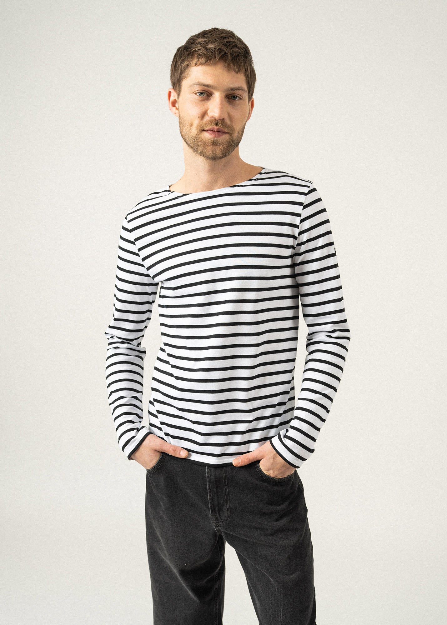 Saint James MINQUIERS MODERN - Authentic Breton Stripe Shirt | Soft Cotton | Men Fit (WHITE / BLACK)