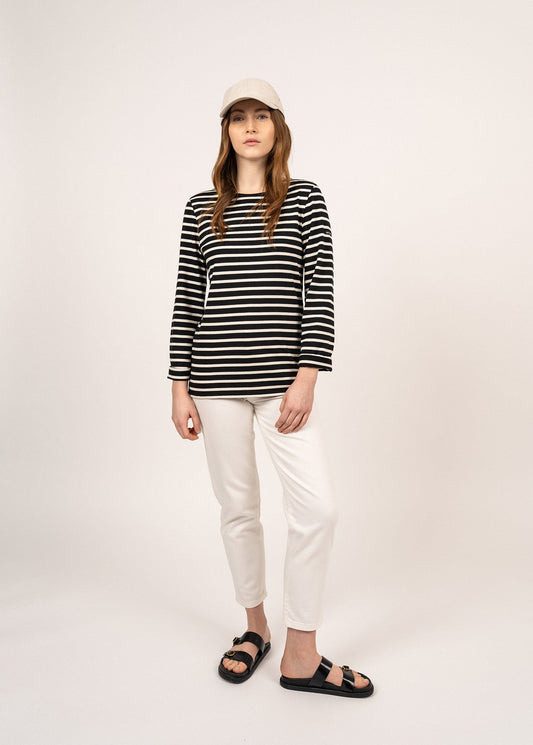 Saint James Minquiers Modern Authentic Breton Stripe Shirt Soft Cotton Men Fit Black Ecru