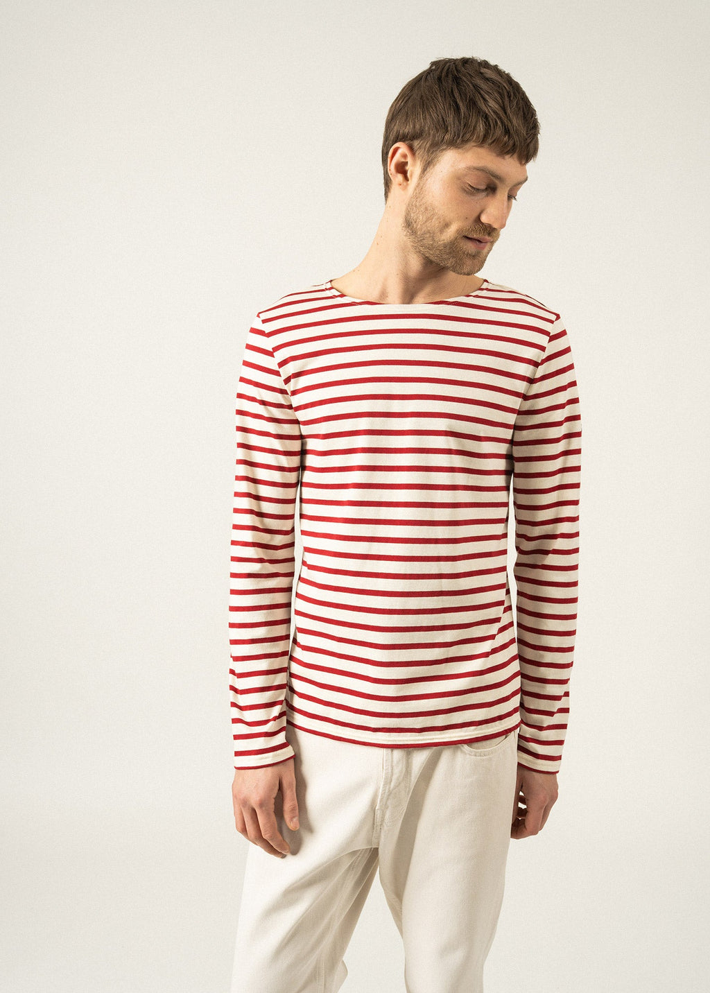 Saint James MINQUIERS MODERN - Authentic Breton Stripe Shirt | Soft Cotton | Men Fit (ECRU / MAROON)