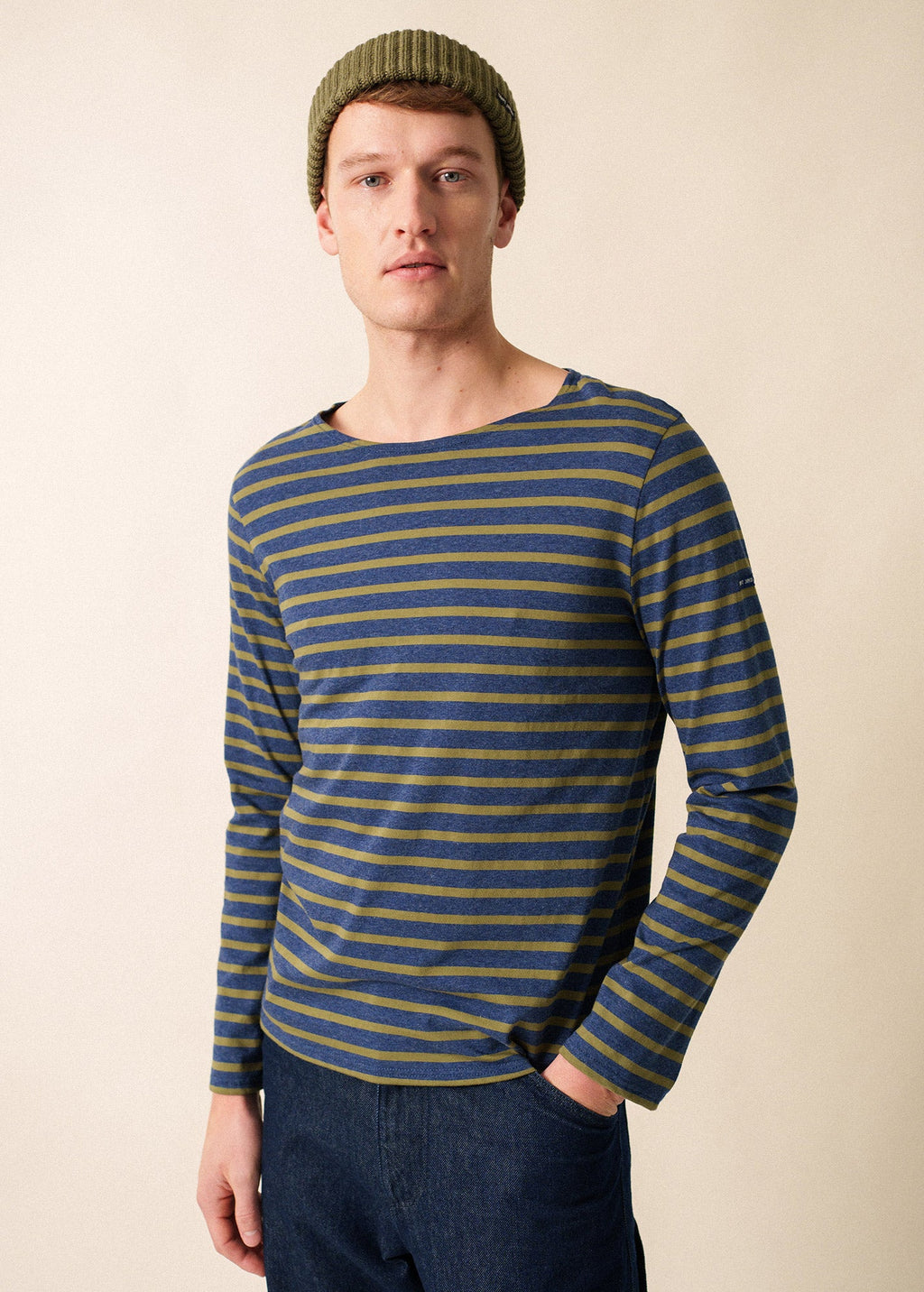Saint James MINQUIERS MODERN - Authentic Breton Stripe Shirt | Soft Cotton | Men Fit (DENIM BLUE / OLIVE GREEN)