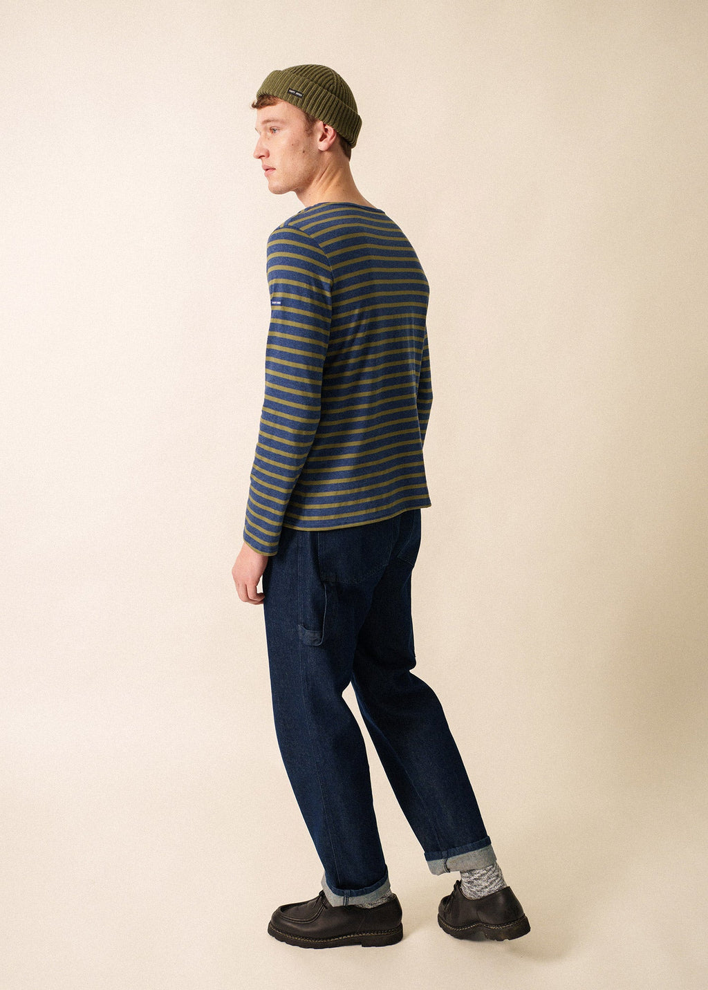 Saint James MINQUIERS MODERN - Authentic Breton Stripe Shirt | Soft Cotton | Men Fit (DENIM BLUE / OLIVE GREEN)