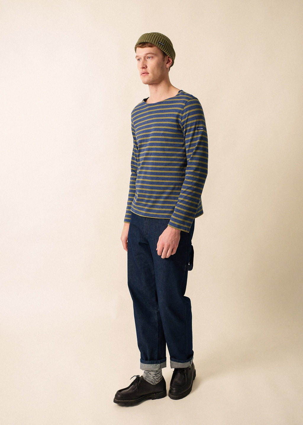 Saint James MINQUIERS MODERN - Authentic Breton Stripe Shirt | Soft Cotton | Men Fit (DENIM BLUE / OLIVE GREEN)