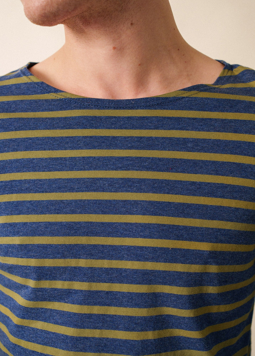 Saint James MINQUIERS MODERN - Authentic Breton Stripe Shirt | Soft Cotton | Men Fit (DENIM BLUE / OLIVE GREEN)