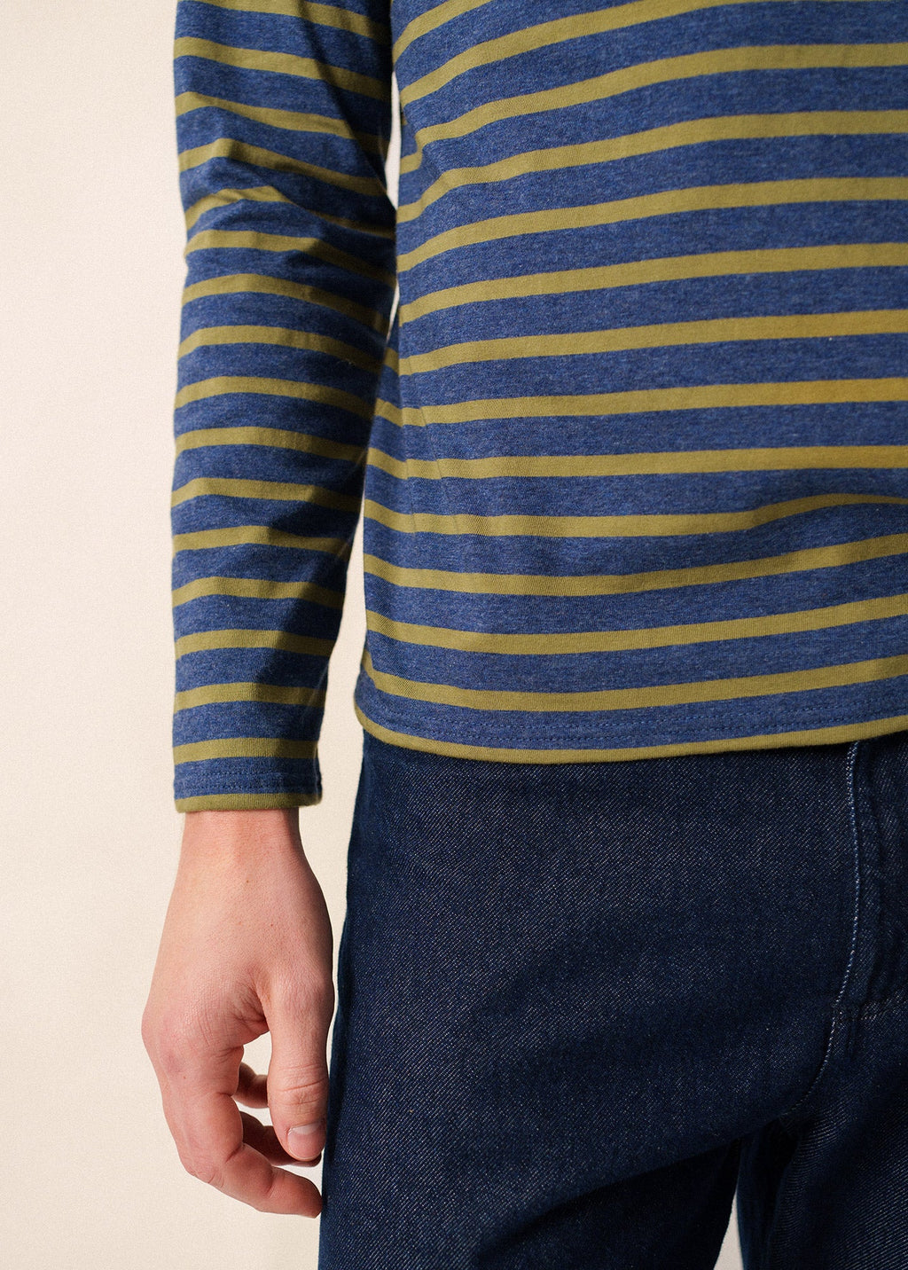 Saint James MINQUIERS MODERN - Authentic Breton Stripe Shirt | Soft Cotton | Men Fit (DENIM BLUE / OLIVE GREEN)