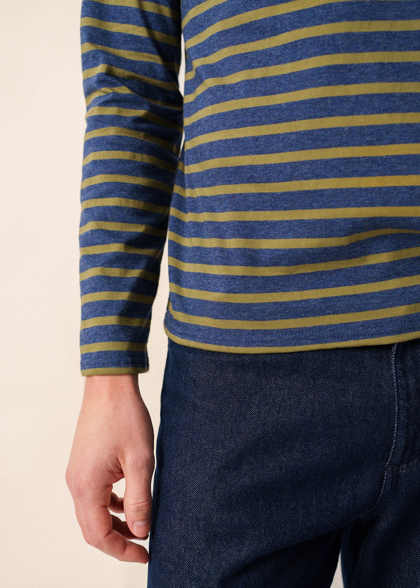 Saint James MINQUIERS MODERN - Authentic Breton Stripe Shirt | Soft Cotton | Men Fit (DENIM BLUE / OLIVE GREEN)