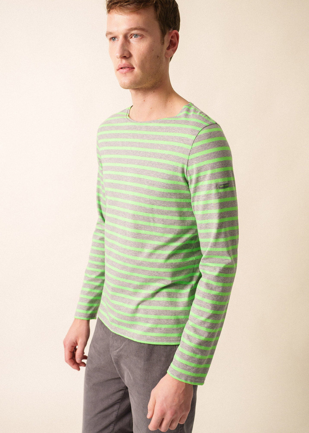 Saint James MINQUIERS MODERN - Authentic Breton Stripe Shirt | Soft Cotton | Men Fit (GRAY / NEON GREEN)