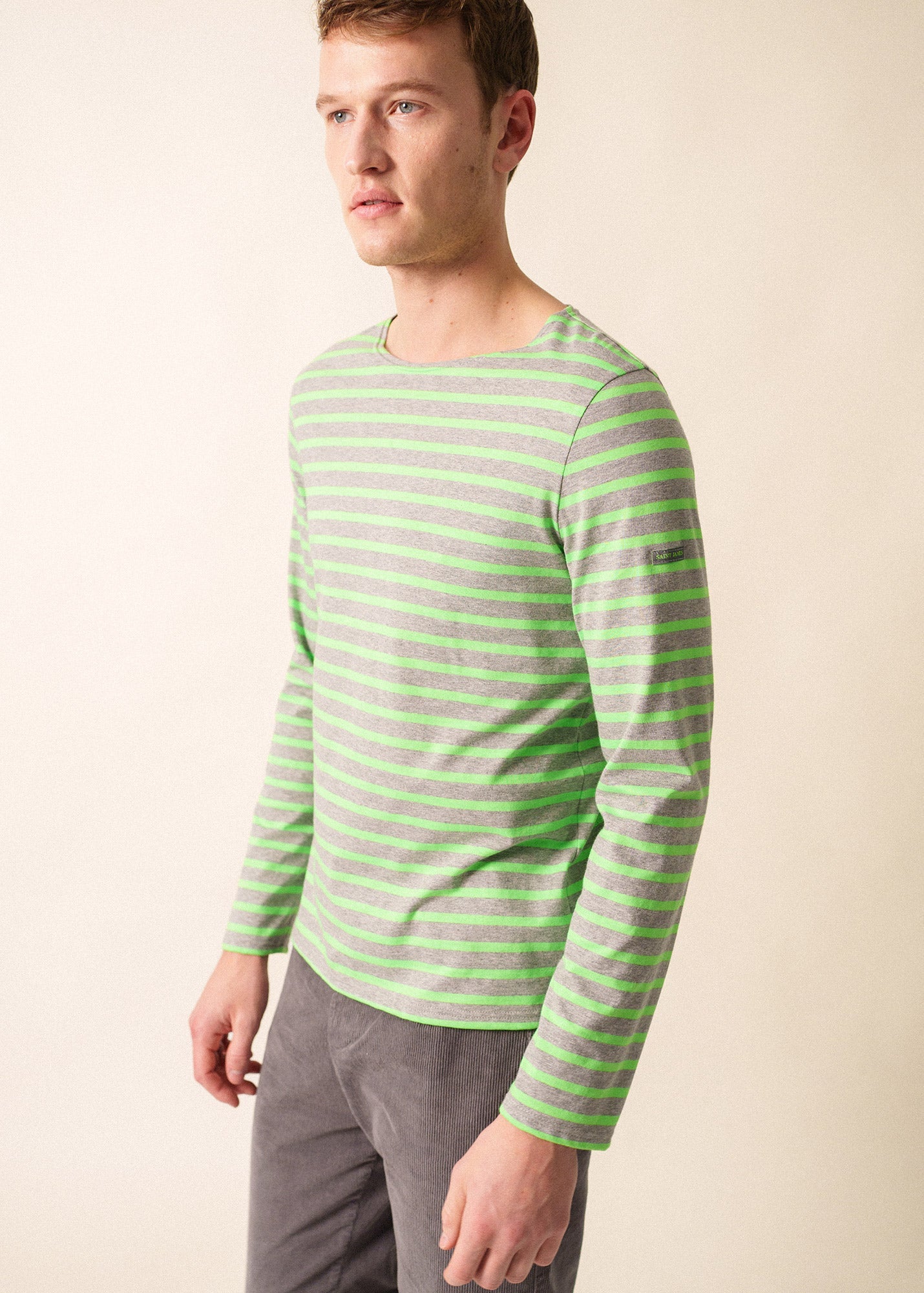 Saint James MINQUIERS MODERN - Authentic Breton Stripe Shirt | Soft Cotton | Men Fit (GRAY / NEON GREEN)