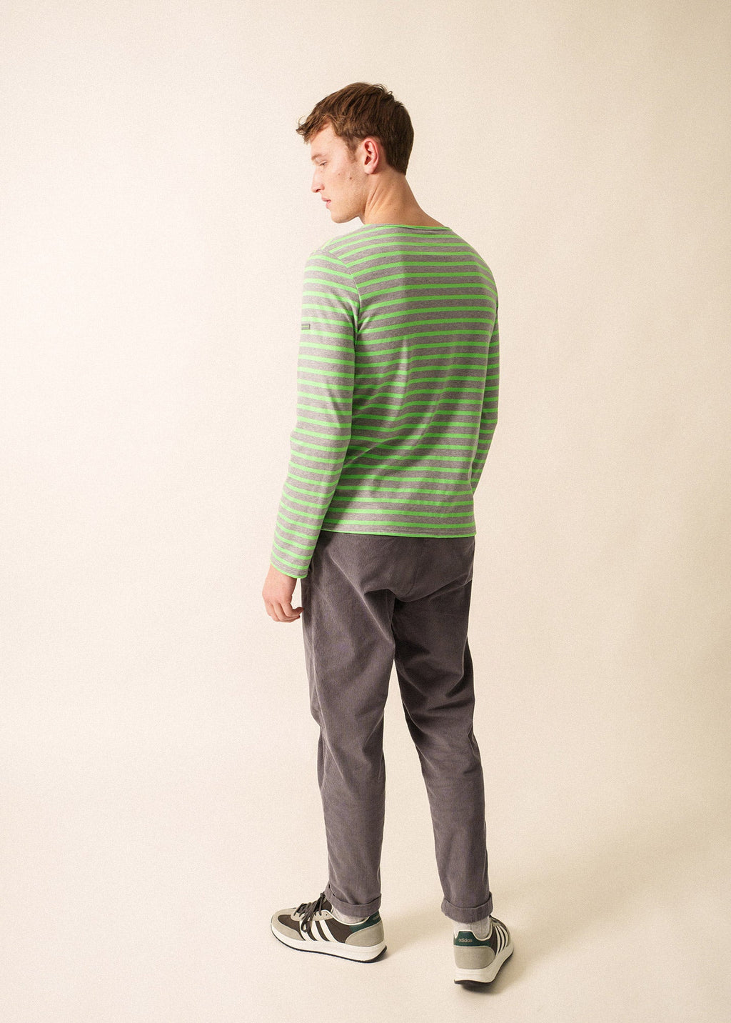 Saint James MINQUIERS MODERN - Authentic Breton Stripe Shirt | Soft Cotton | Men Fit (GRAY / NEON GREEN)