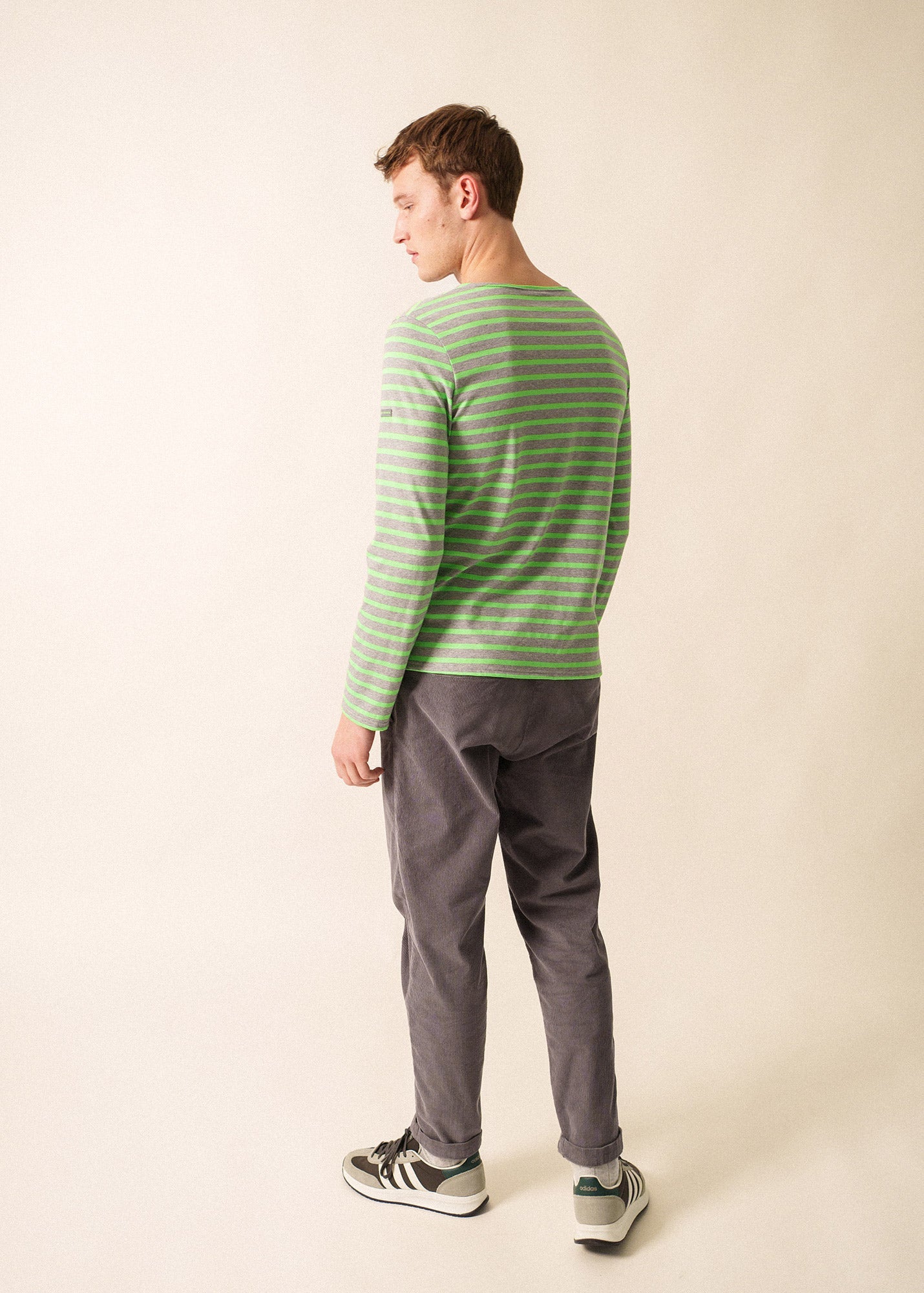 Saint James MINQUIERS MODERN - Authentic Breton Stripe Shirt | Soft Cotton | Men Fit (GRAY / NEON GREEN)