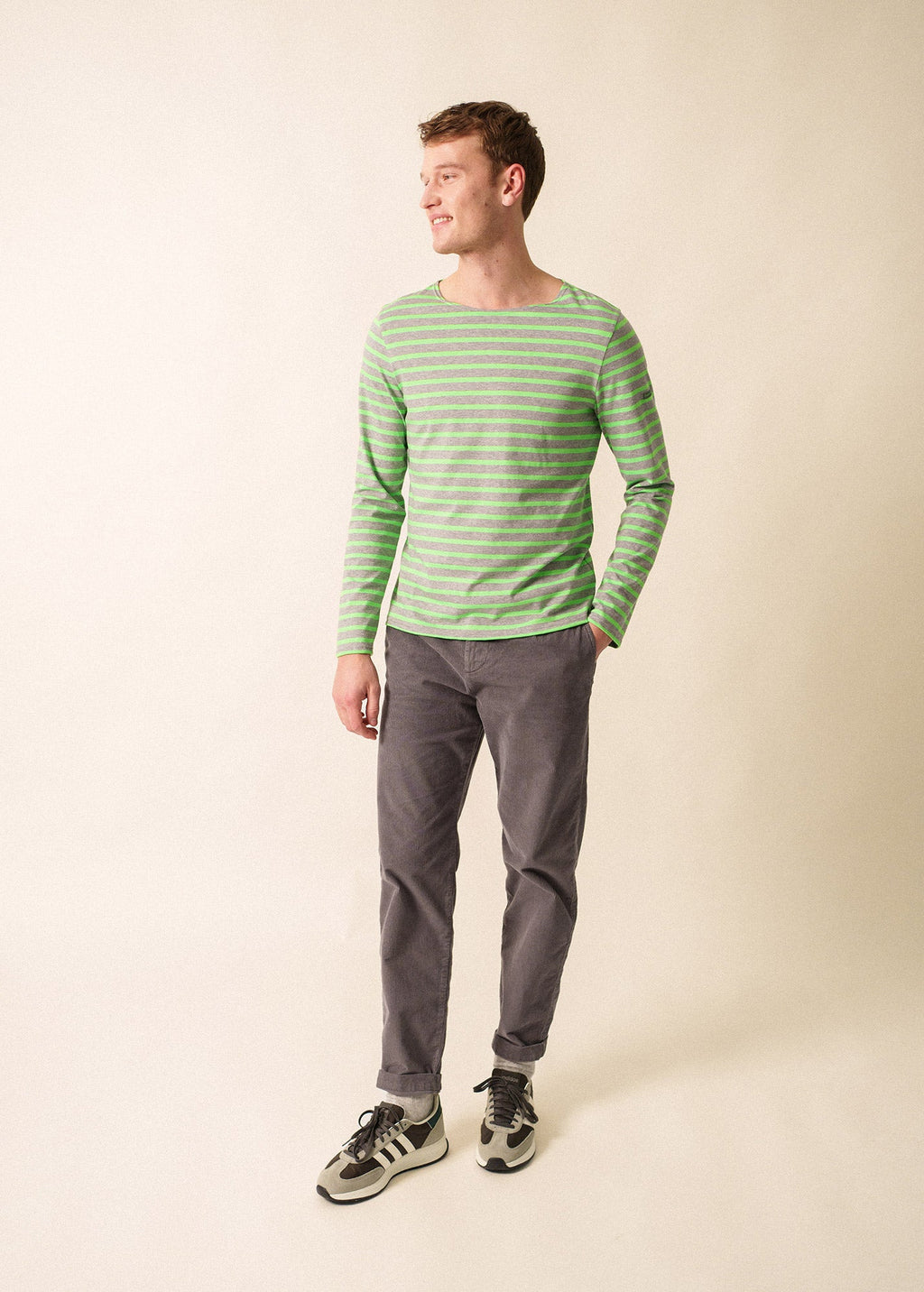 Saint James MINQUIERS MODERN - Authentic Breton Stripe Shirt | Soft Cotton | Men Fit (GRAY / NEON GREEN)