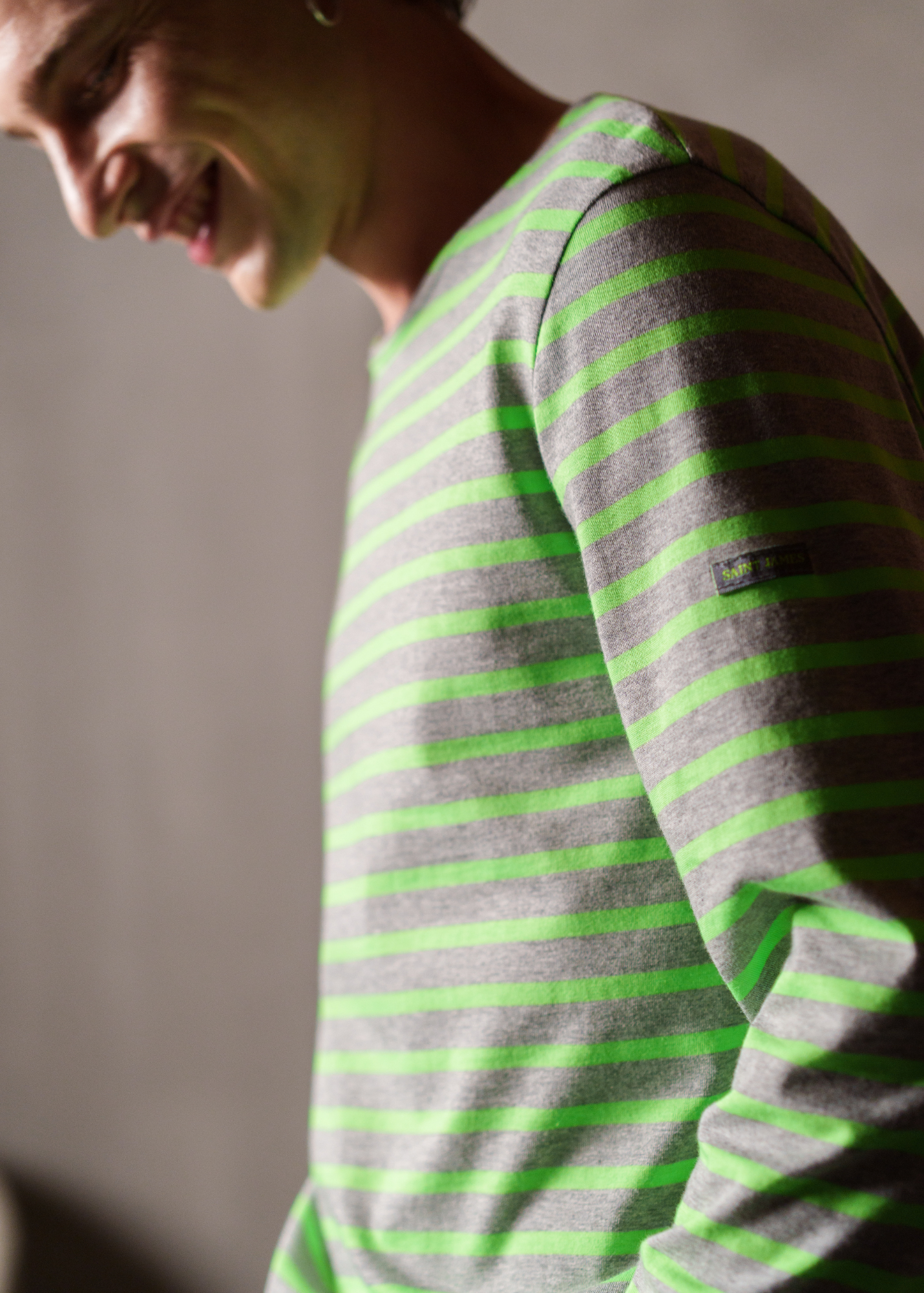 Saint James MINQUIERS MODERN - Authentic Breton Stripe Shirt | Soft Cotton | Men Fit (GRAY / NEON GREEN)