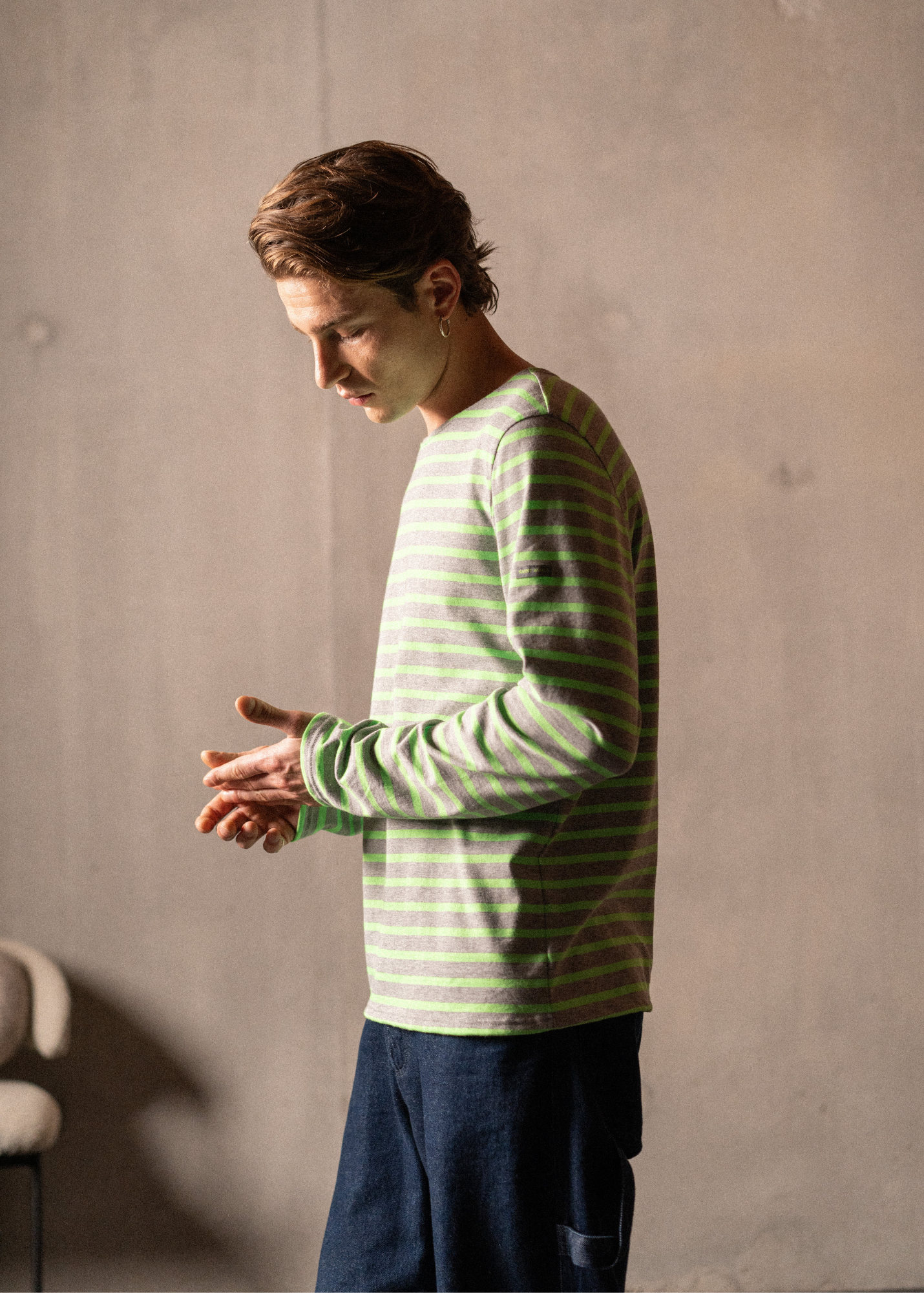 Saint James MINQUIERS MODERN - Authentic Breton Stripe Shirt | Soft Cotton | Men Fit (GRAY / NEON GREEN)