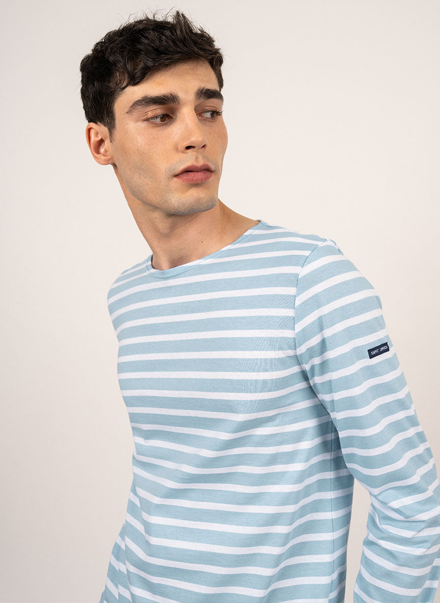 Saint James MINQUIERS MODERN - Authentic Breton Stripe Shirt | Soft Cotton | Men Fit (ICY BLUE MELANGE / WHITE)
