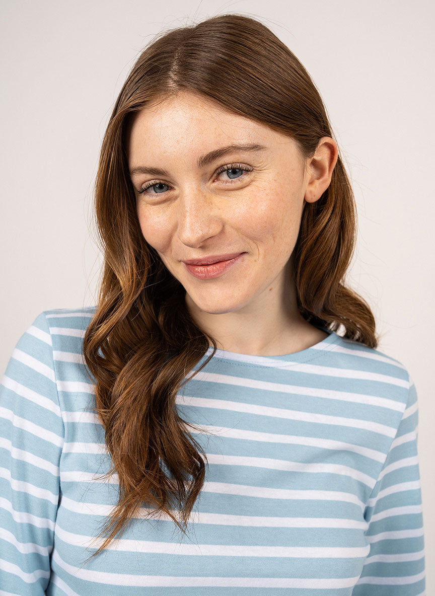 Saint James MINQUIERS MODERN - Authentic Breton Stripe Shirt | Soft Cotton | Men Fit (ICY BLUE MELANGE / WHITE)