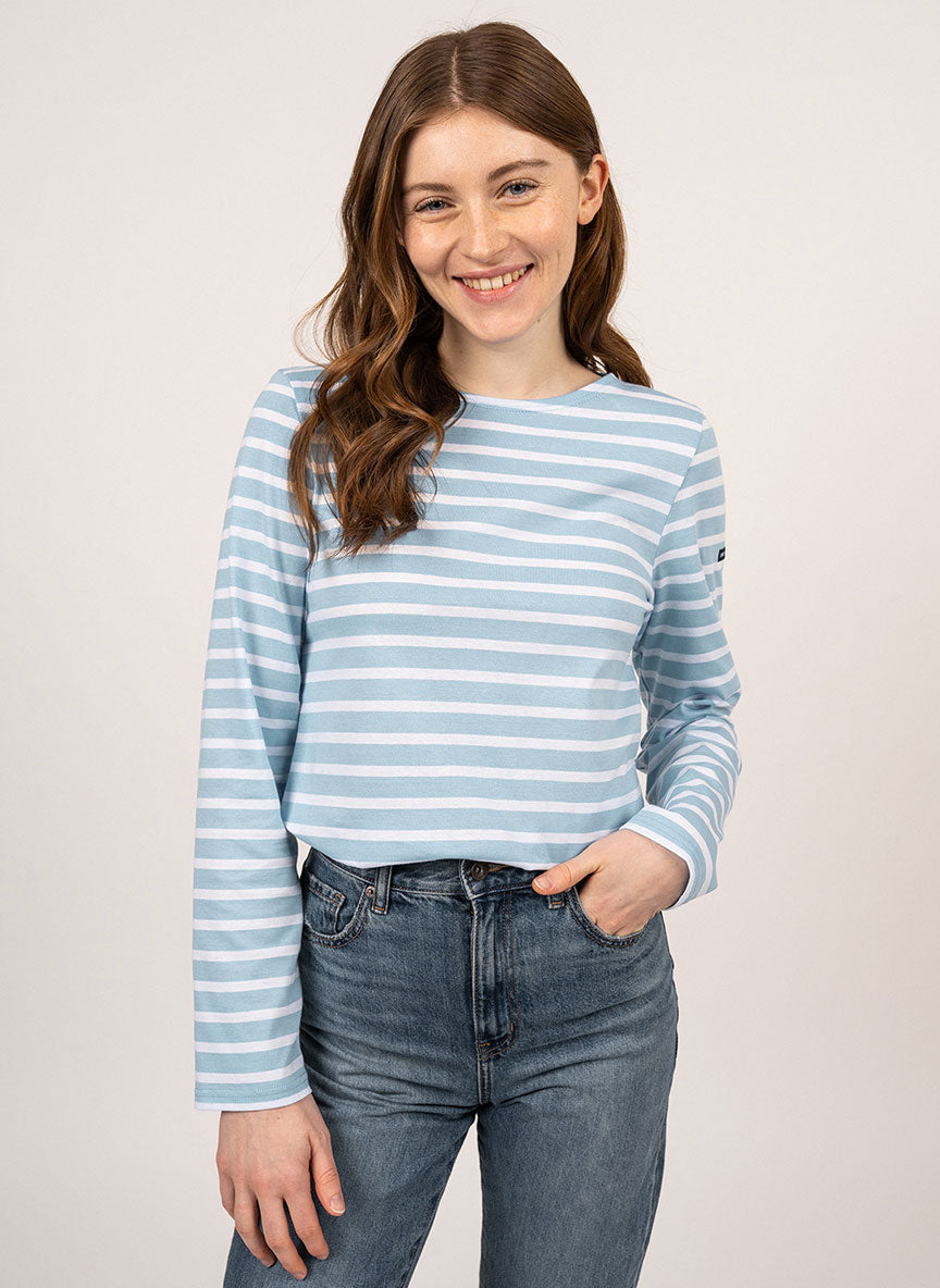 Saint James MINQUIERS MODERN - Authentic Breton Stripe Shirt | Soft Cotton | Men Fit (ICY BLUE MELANGE / WHITE)