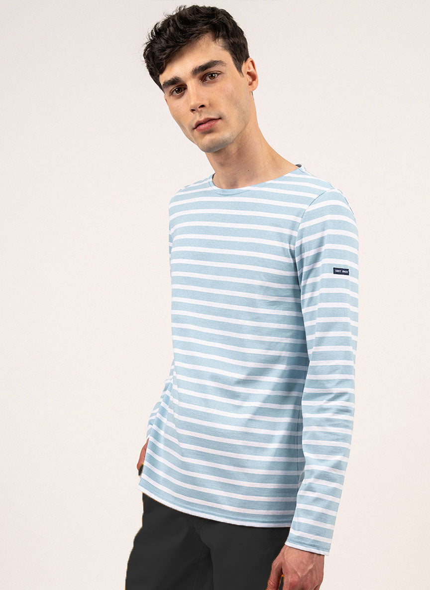 Saint James MINQUIERS MODERN - Authentic Breton Stripe Shirt | Soft Cotton | Men Fit (ICY BLUE MELANGE / WHITE)