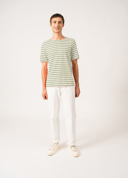 Saint James Levant Modern Breton Stripe Short Sleeve Shirt Soft Cotton Unisex Fit Soft Almond White