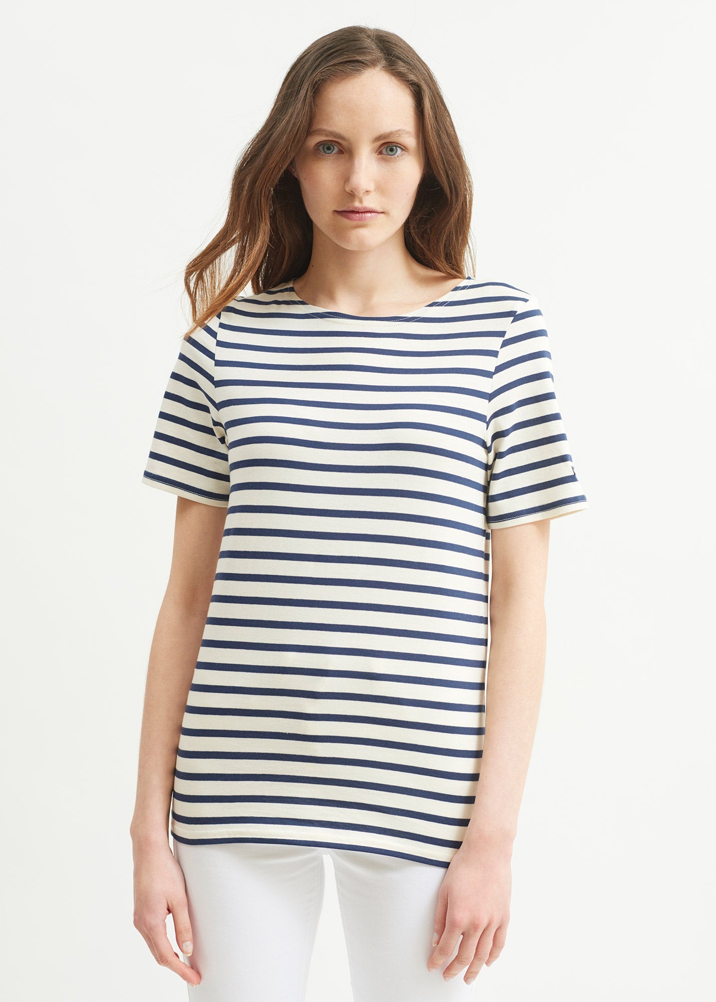 Saint James LEVANT MODERN - Breton Stripe Short Sleeve Shirt | Soft Cotton | Unisex Fit (ECRU / NAVY)