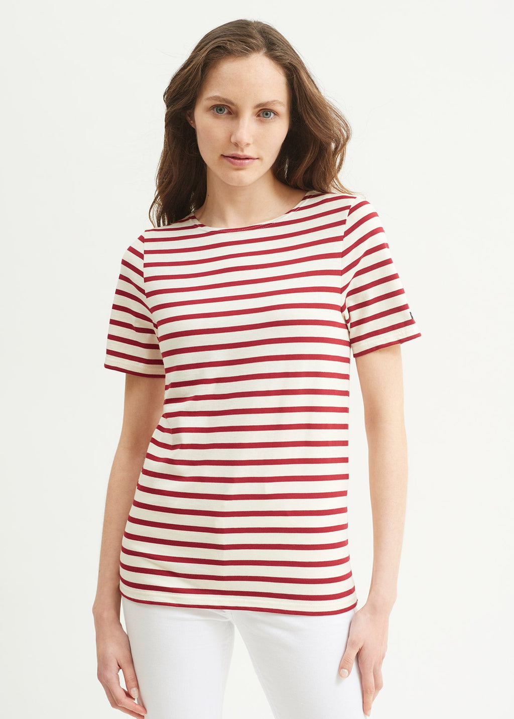 Saint James LEVANT MODERN - Breton Stripe Short Sleeve Shirt | Soft Cotton | Unisex Fit (ECRU / MAROON)