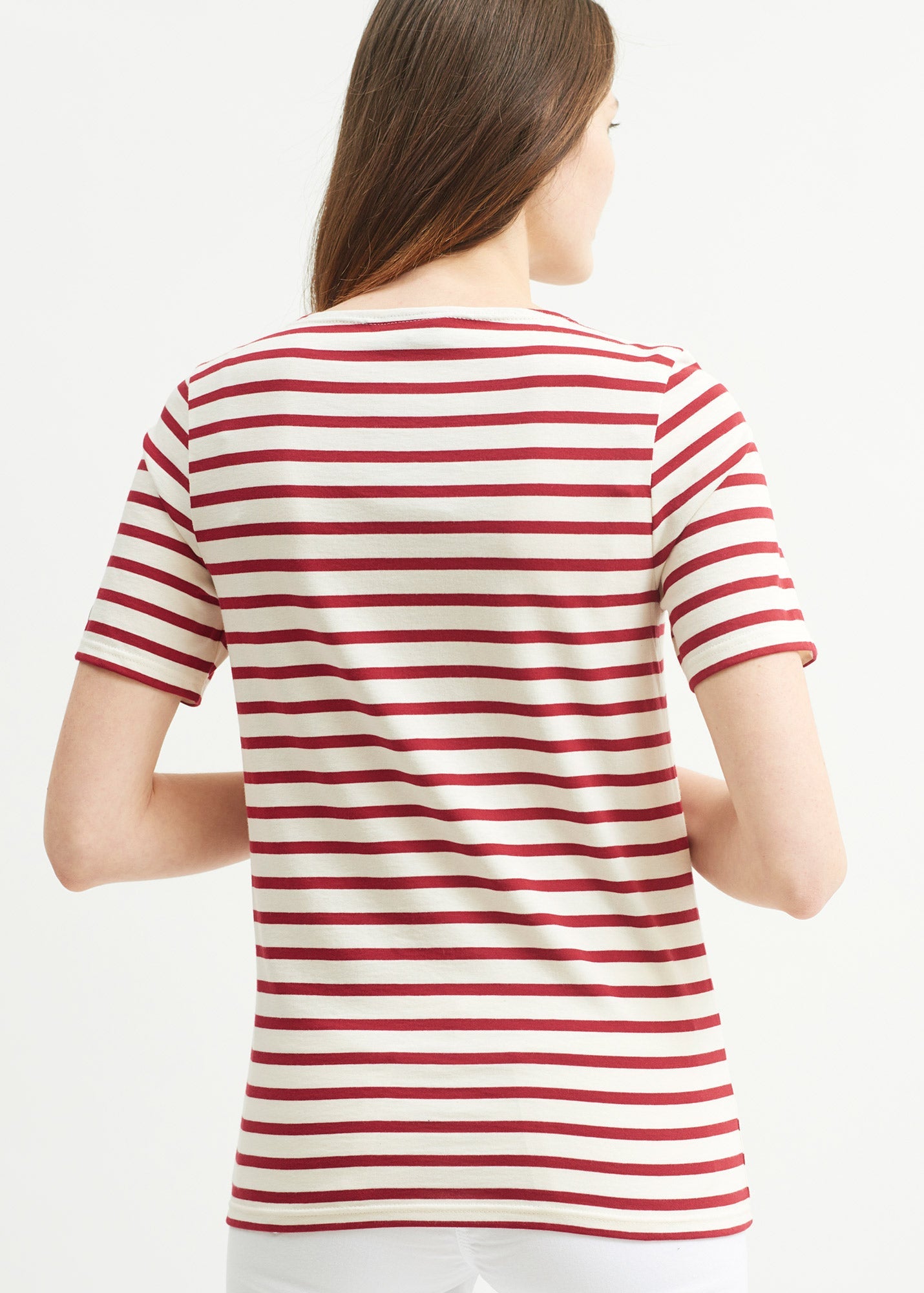 Saint James LEVANT MODERN - Breton Stripe Short Sleeve Shirt | Soft Cotton | Unisex Fit (ECRU / MAROON)